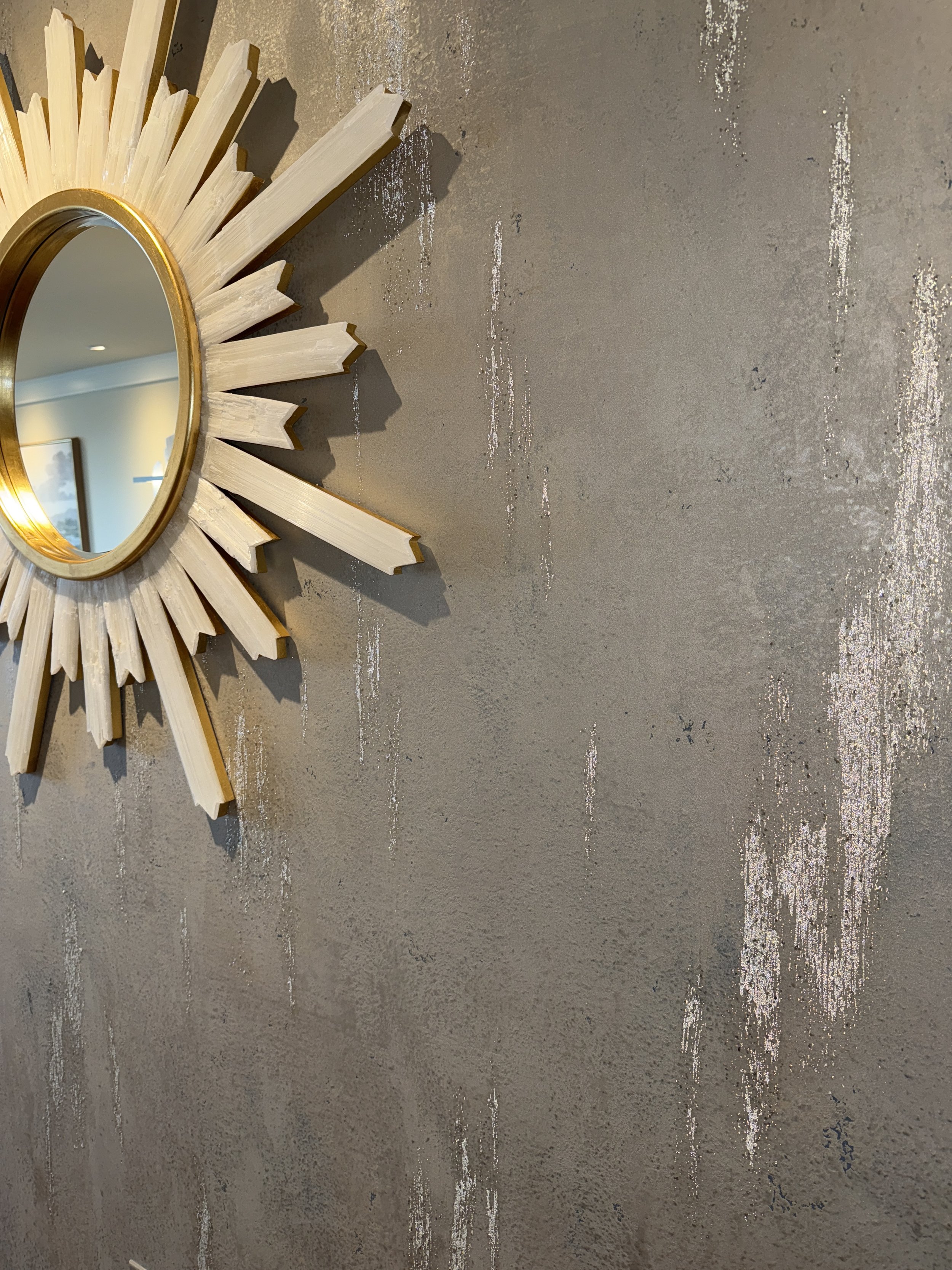 Opal Finish- layers of plasters with glass beads and glitter accent.