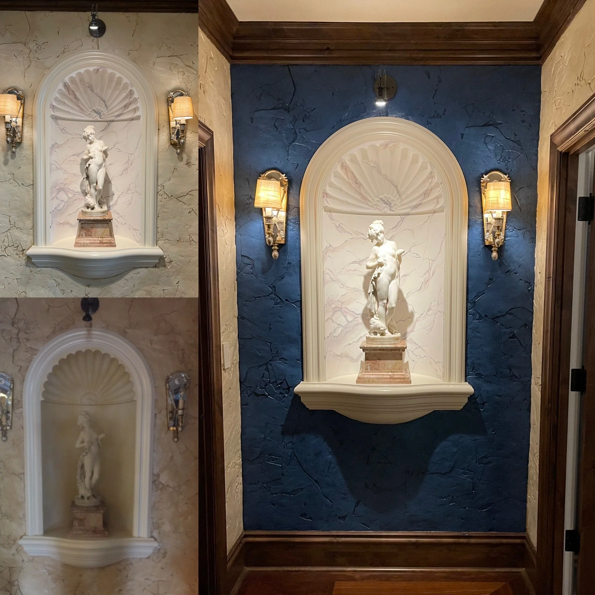 Lower left was our starting point. The niche was coated in plaster and veined to resemble a carved piece of marble. The surrounding wall was painted a deep blue with an even deeper blue glazed over the top to give more dimension. Now the eye is draw 