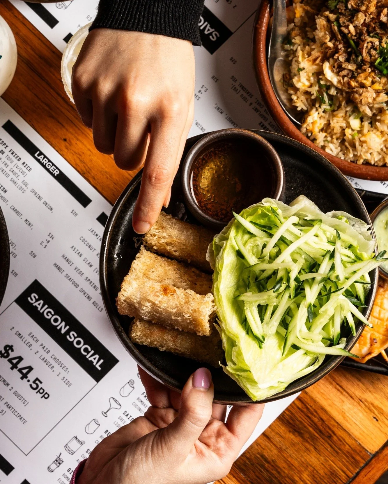 Crispy Hanoi classic spring rolls. Veg or seafood, your call.