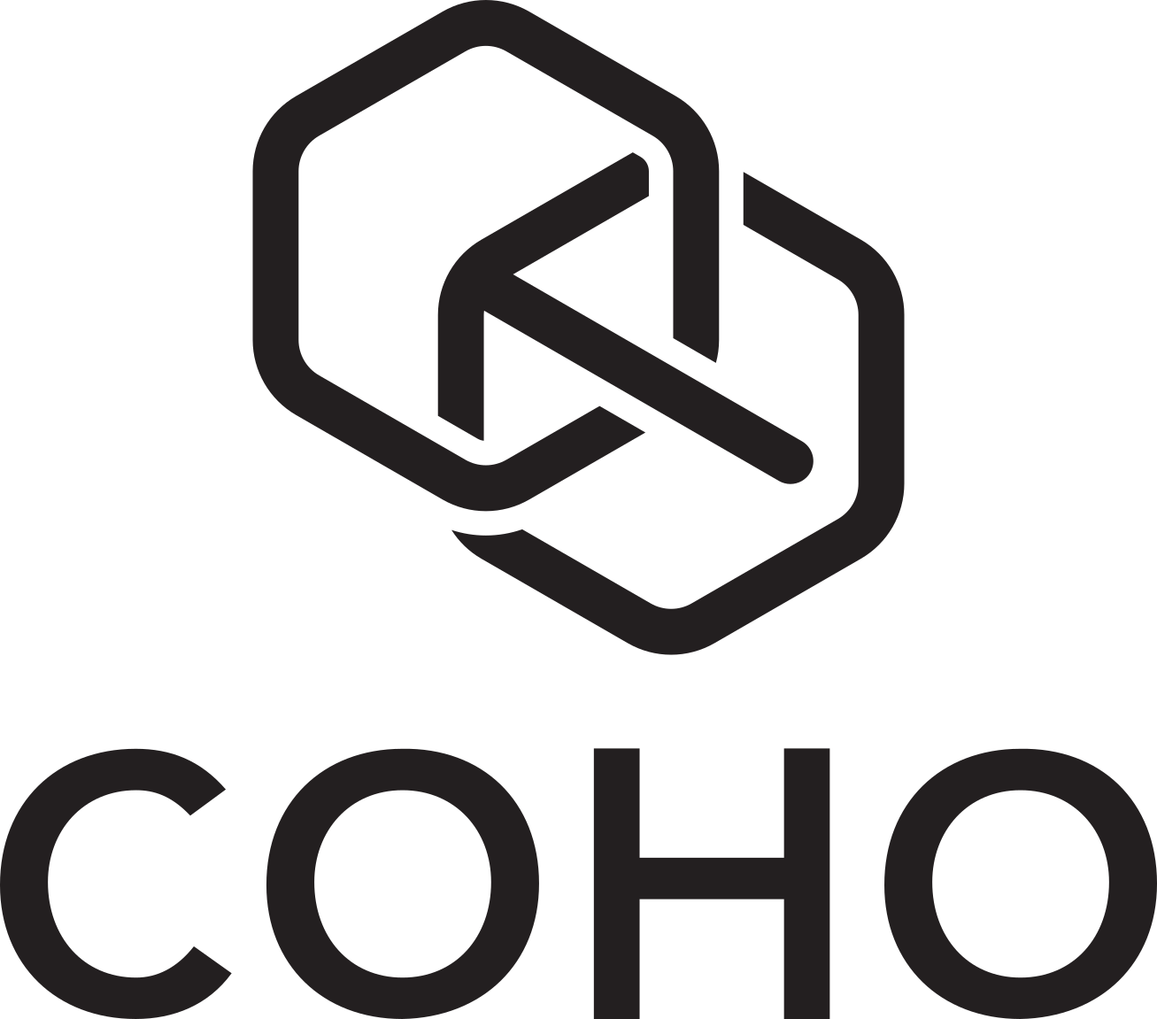 Logo with interconnected cube design above the word 'COHO' in black.