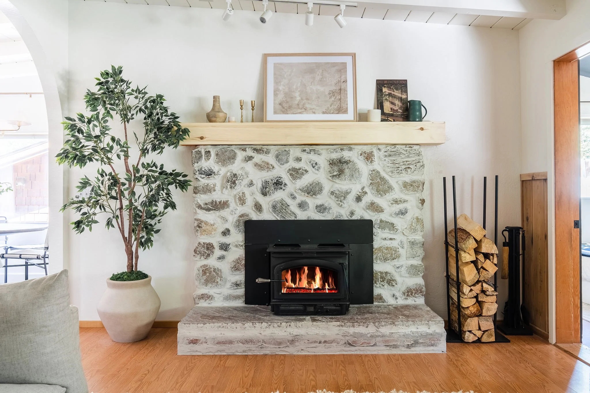 Living room fireplace with stone surround, black wood-burning stove, painted brick hearth, tall potted plant to the left, wood logs stacked to the right, and framed artwork on the mantel.