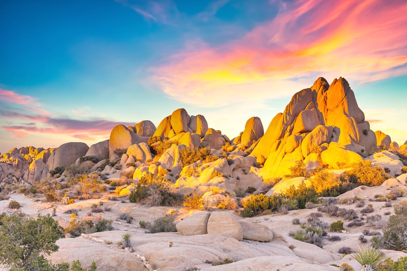 Desert landscape with large rock formations illuminated by the setting or rising sun, colorful sky with pink, orange, and blue hues, sparse desert vegetation including bushes and cacti.