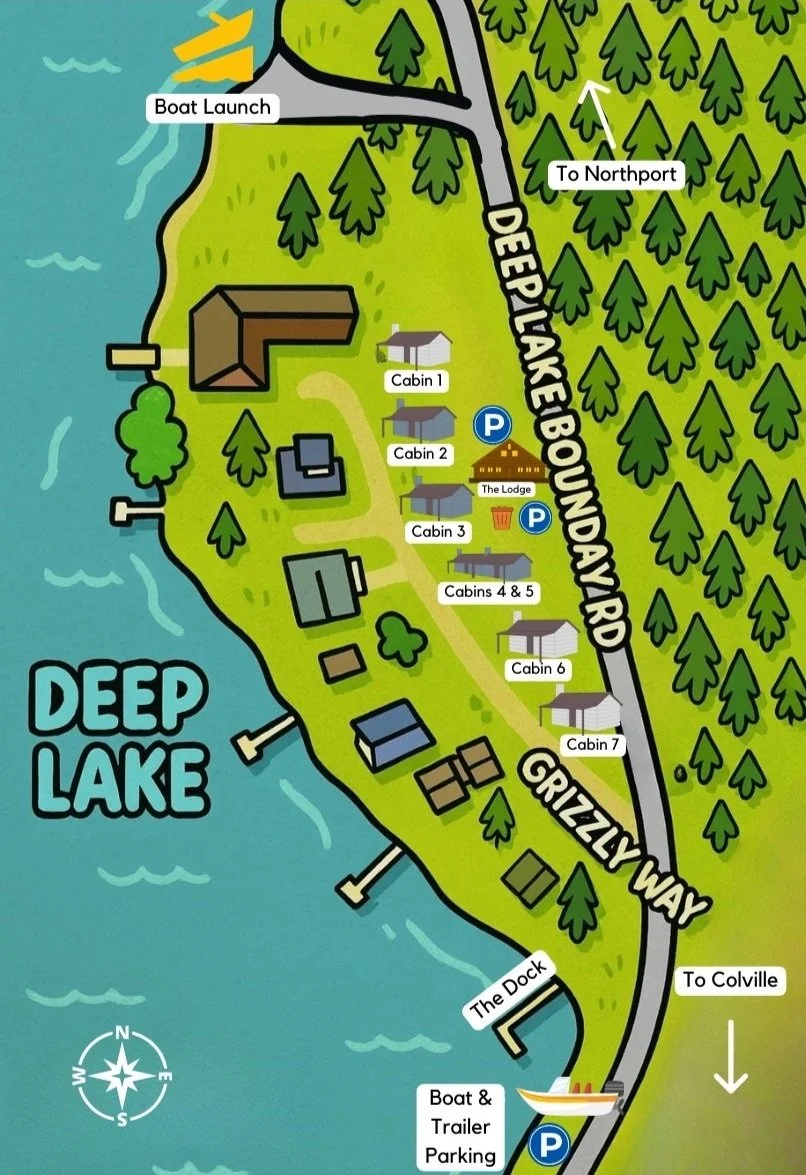 Map of Deep Lake area showing locations of cabins, boat launch, docks, parking, and hiking trails, with surrounding forest, of which the main roads are Deerlakeraboundary Road and Grizzly Way.
