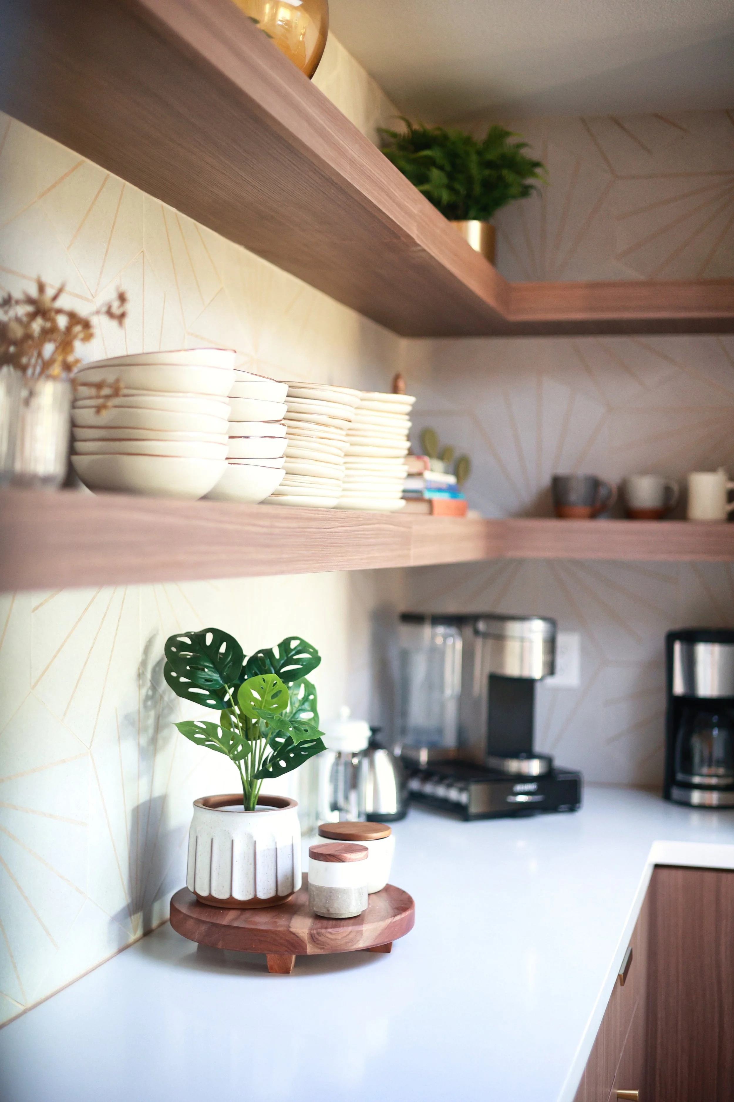 A modern kitchen with white countertops, open wooden shelves holding stacked white bowls and cups, a potted Monstera plant on a wooden tray, and small kitchen appliances including a coffee maker and blender.