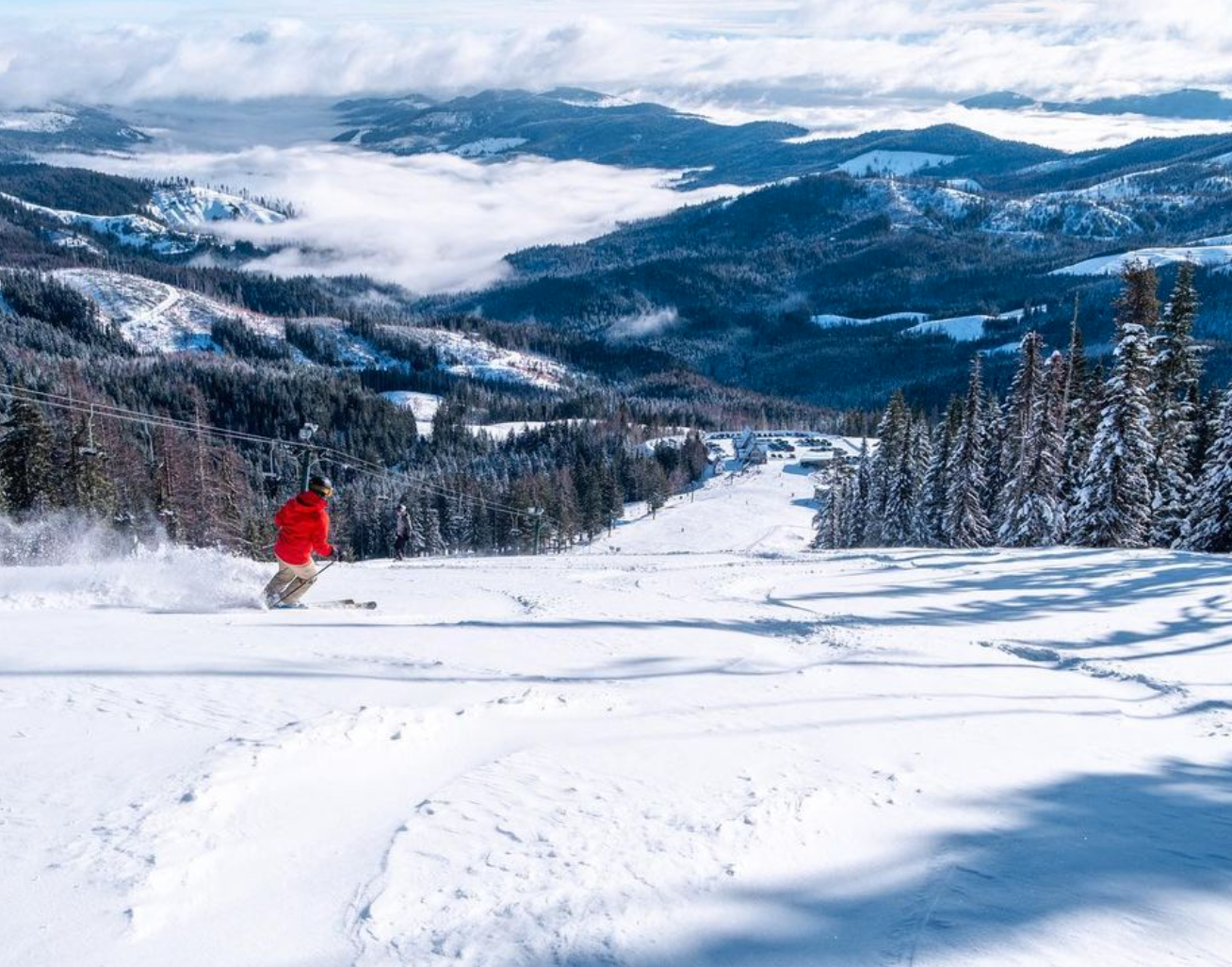 A person skiing down a snowy mountain slope with a scenic view of snow-covered trees and distant mountains with clouds.