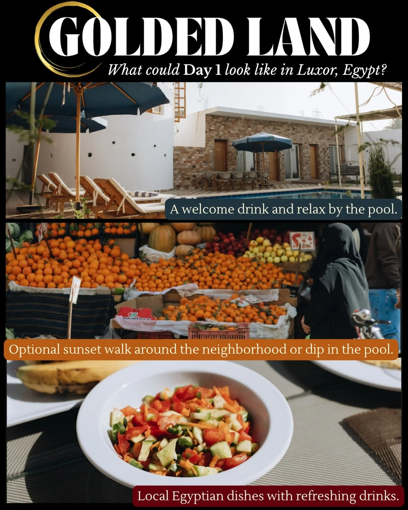After travelling to Egypt, your first day doesn&rsquo;t need to be packed with plans. At Golden Land Jannah Retreat, it can simply be about arriving, settling in and getting your first taste of Luxor.

Enjoy a welcome drink and relax by the pool, tak