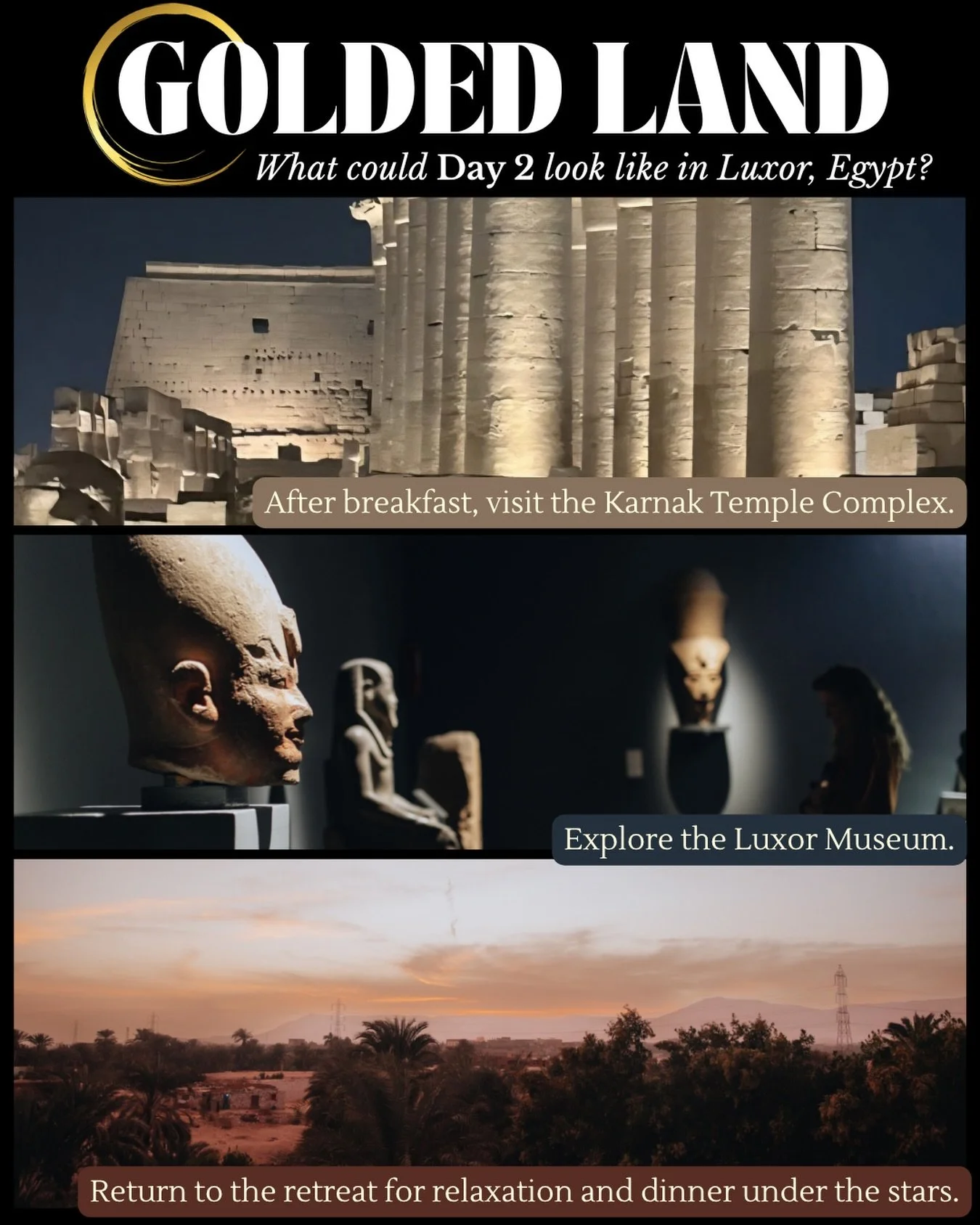 After breakfast at Golden Land Jannah Retreat, step into thousands of years of history with a visit to the incredible Karnak Temple Complex, before continuing your journey through the treasures of Luxor Museum.

Then, after a day spent exploring and 