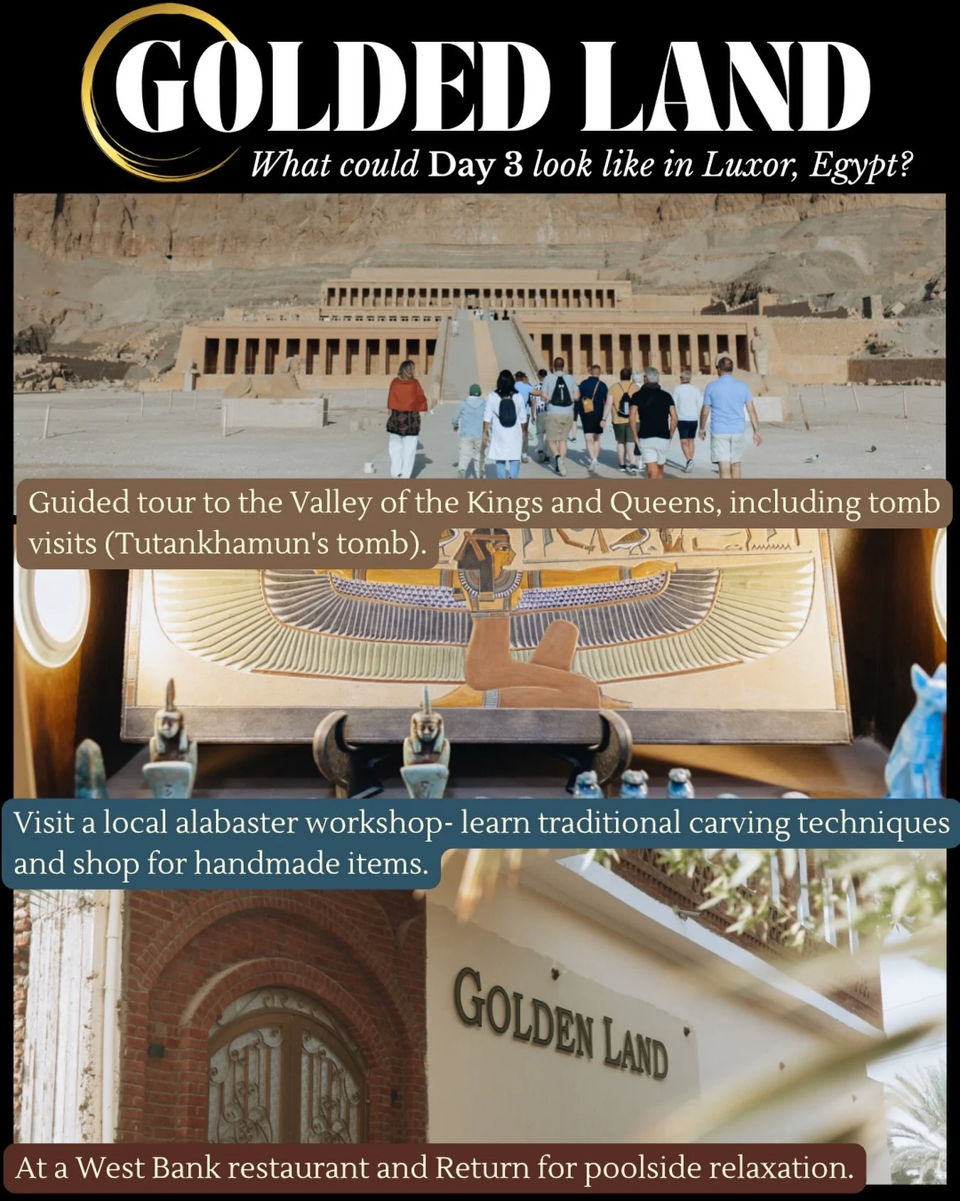 Explore the Valley of the Kings and Queens, step inside ancient tombs including Tutankhamun&rsquo;s. 

Then discover a different side of Egyptian heritage at a local alabaster workshop seeing traditional carving techniques and the craftsmanship behin