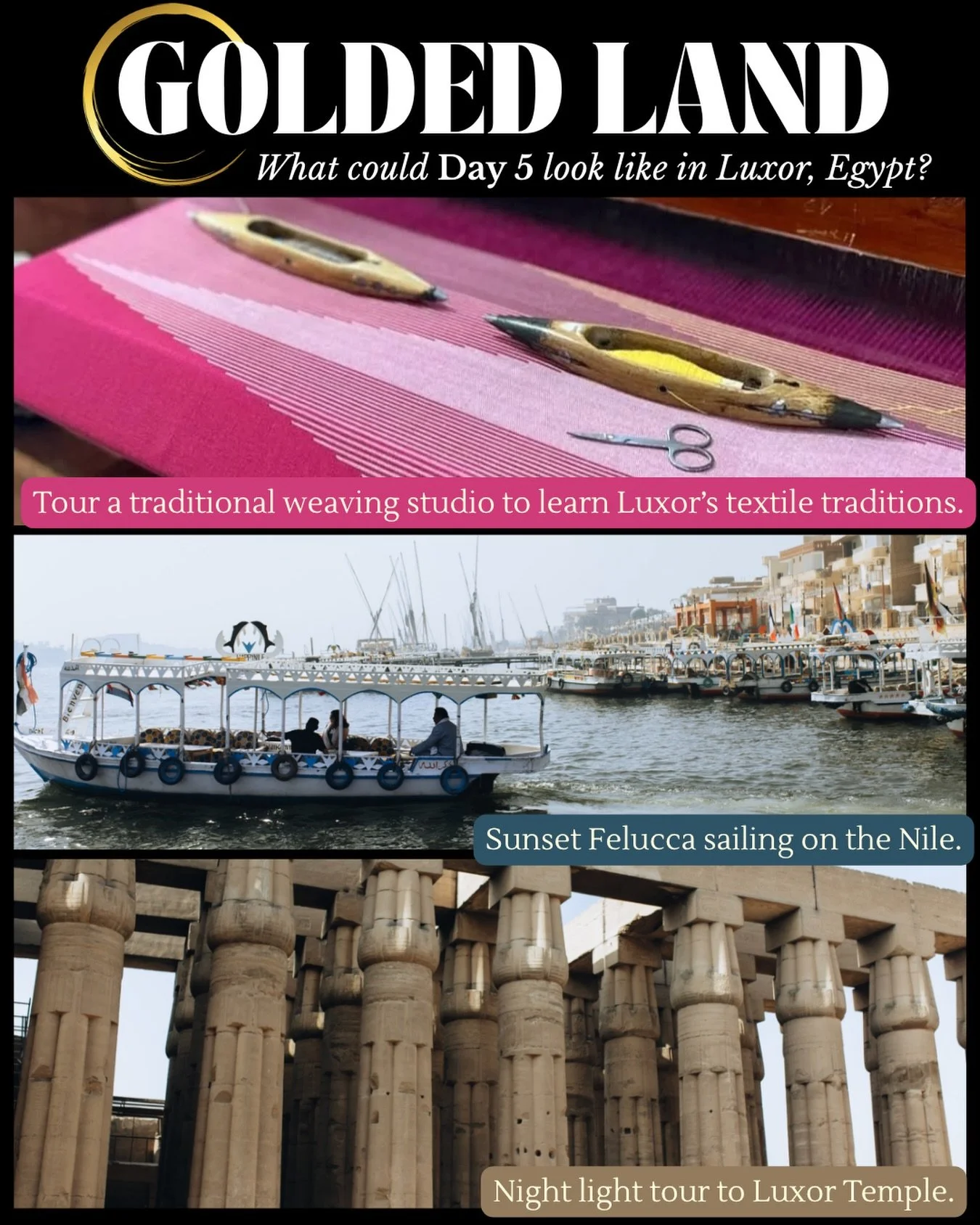 Begin the day discovering another side of Egyptian culture with a visit to a traditional weaving studio, learning about Luxor&rsquo;s textile traditions and the skill behind the craft.

As the day slows, step aboard a felucca and sail along the Nile 