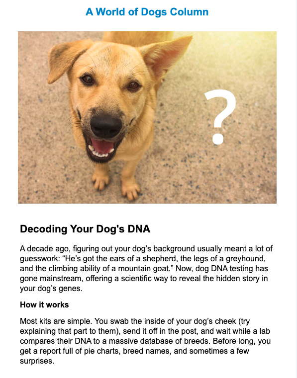 newsletter article a world of dogs column dna