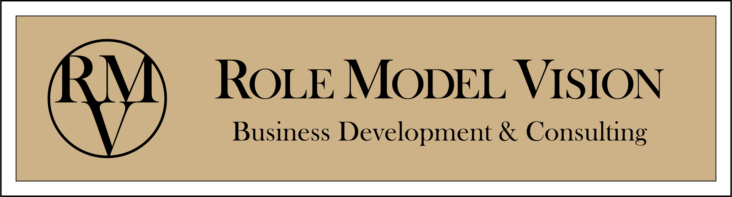 Business card for Role Model Vision, specializing in business development and consulting, with a beige background and black text.