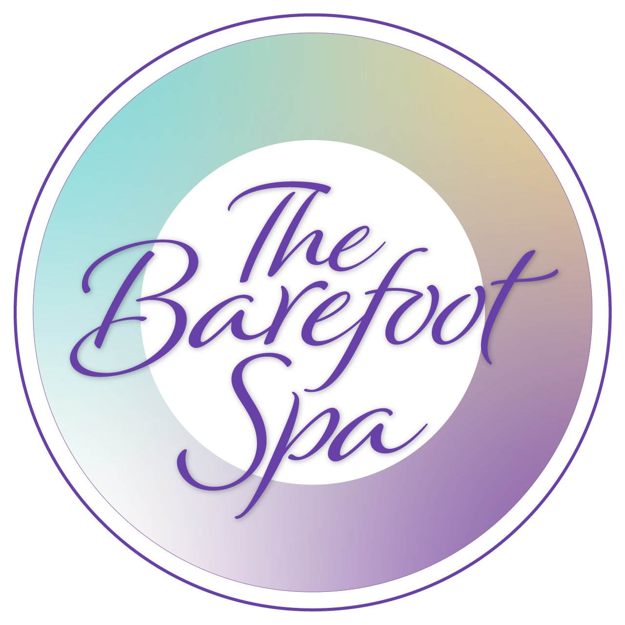 Logo for The Barefoot Spa with a color gradient background and elegant purple text.