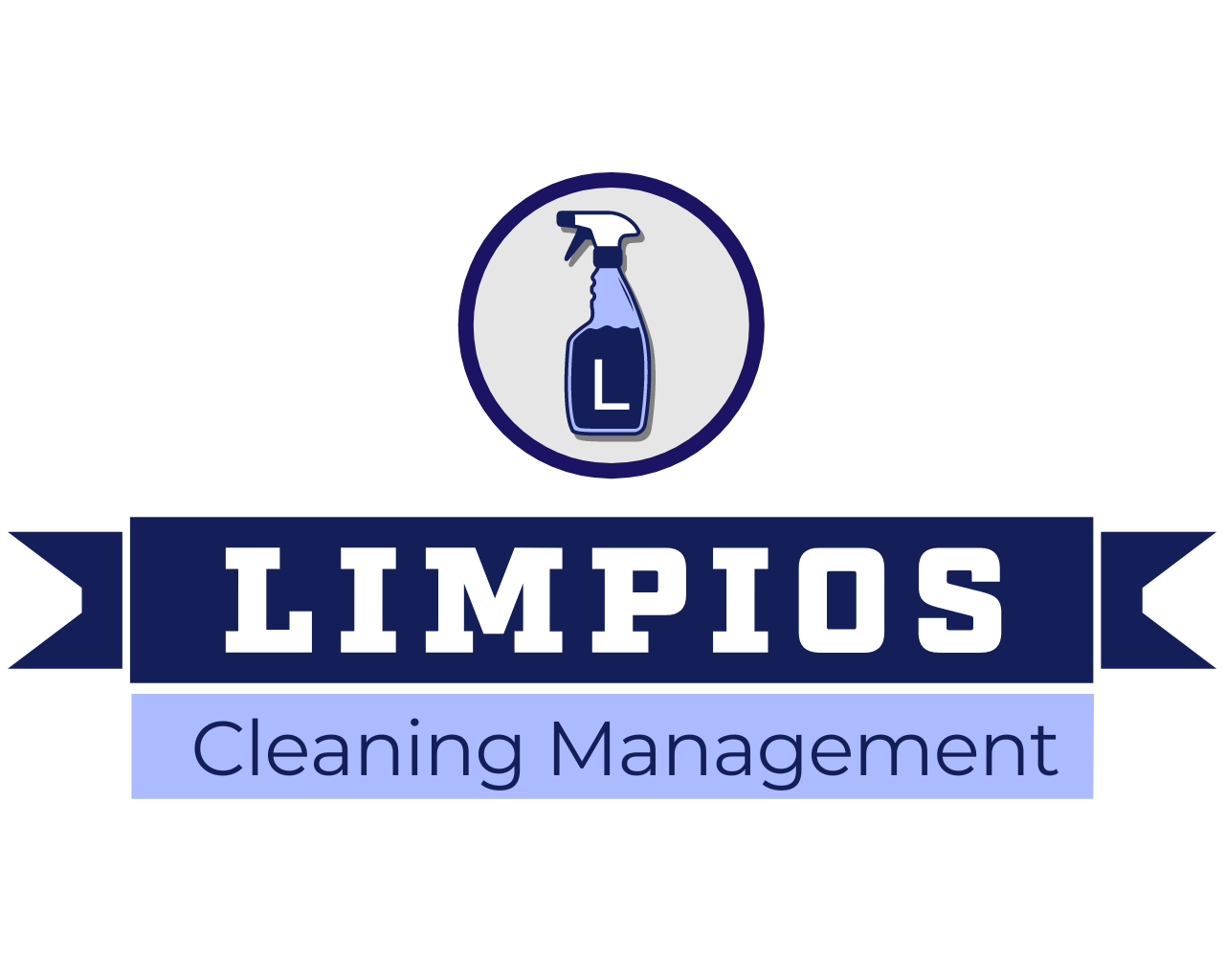 Logo for Limpios Cleaning Management featuring a spray bottle icon with an 'L' on it, and the company name in bold letters with a blue banner underneath.