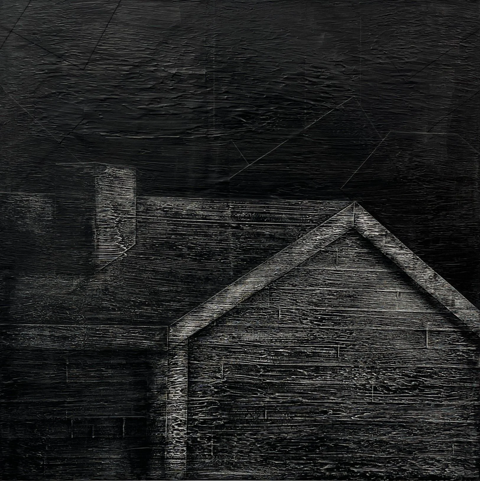 Safe Haven, 2025, paper collage and ink on harboard, 24" x 24" x 1.5"