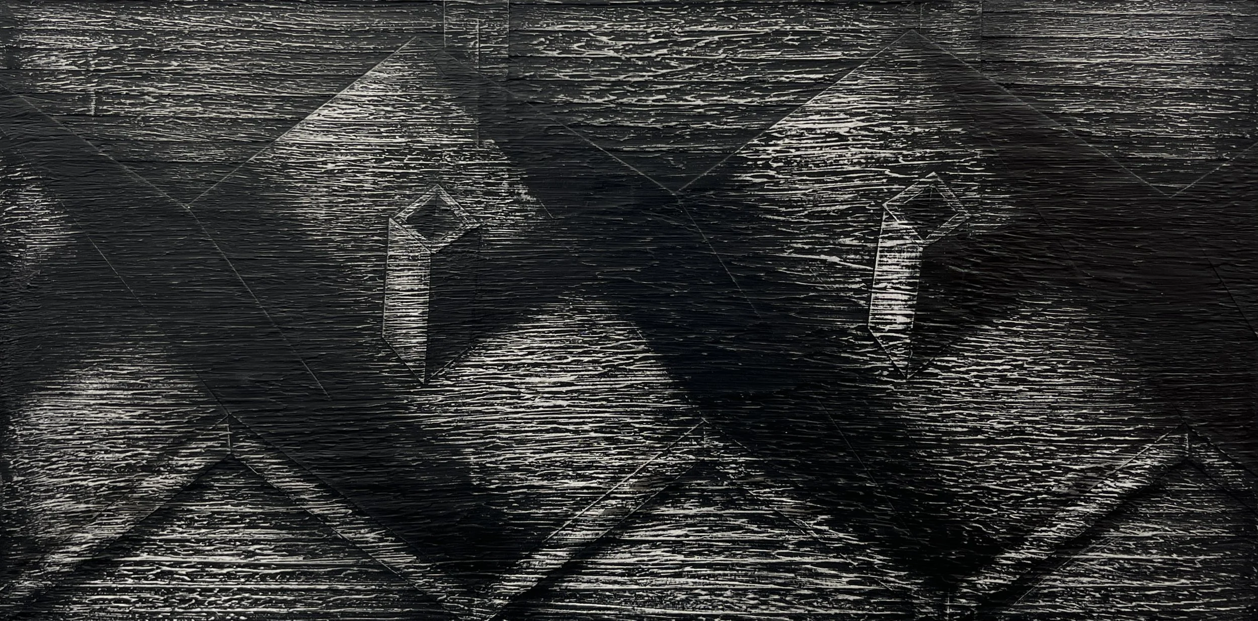 Flyby, 2025, paper collage and ink on harboard, 10" x 20" x 1.5"