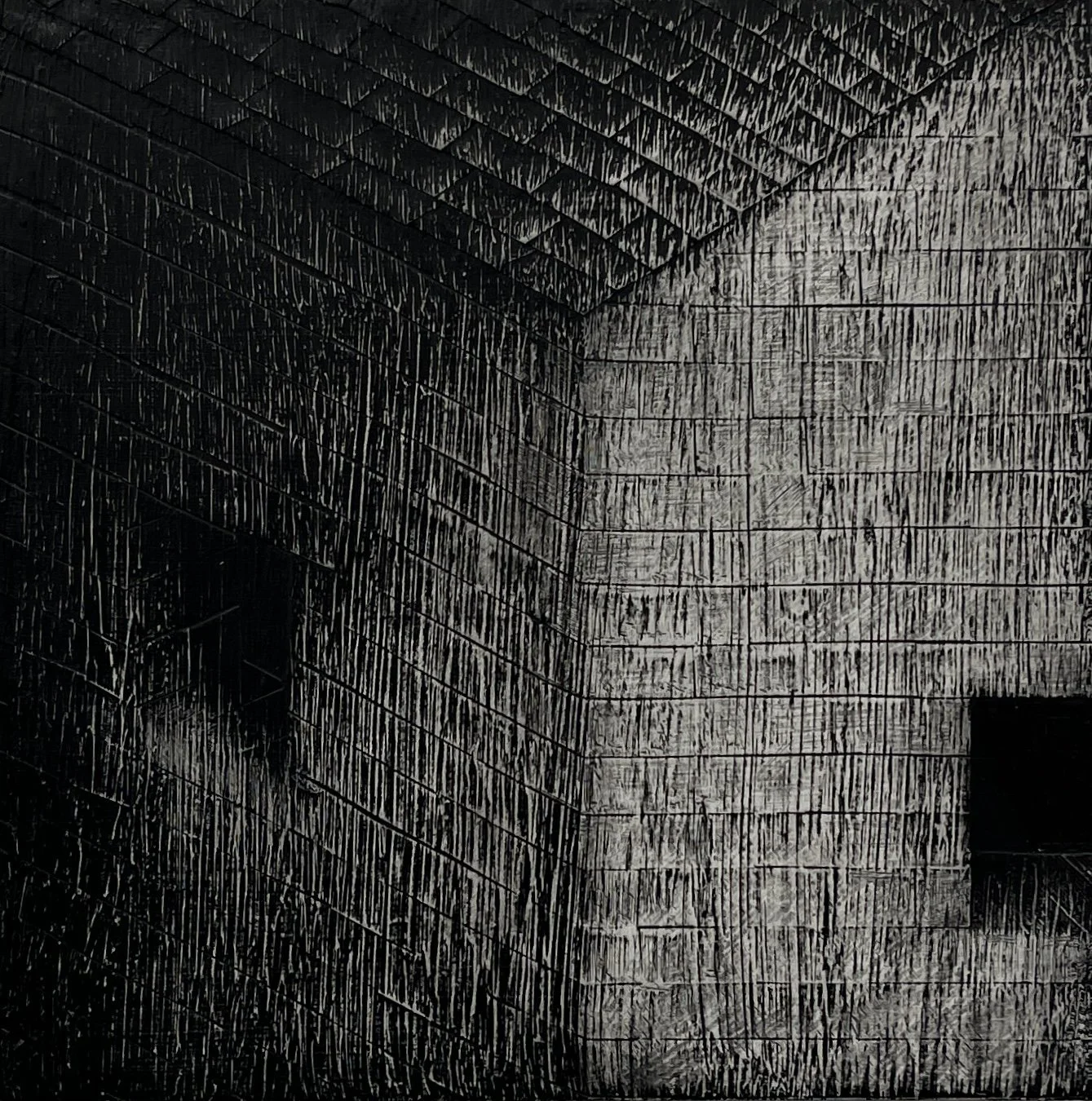 No Place, 2025, paper collage and ink on harboard, 10" x 10" x 1.5"