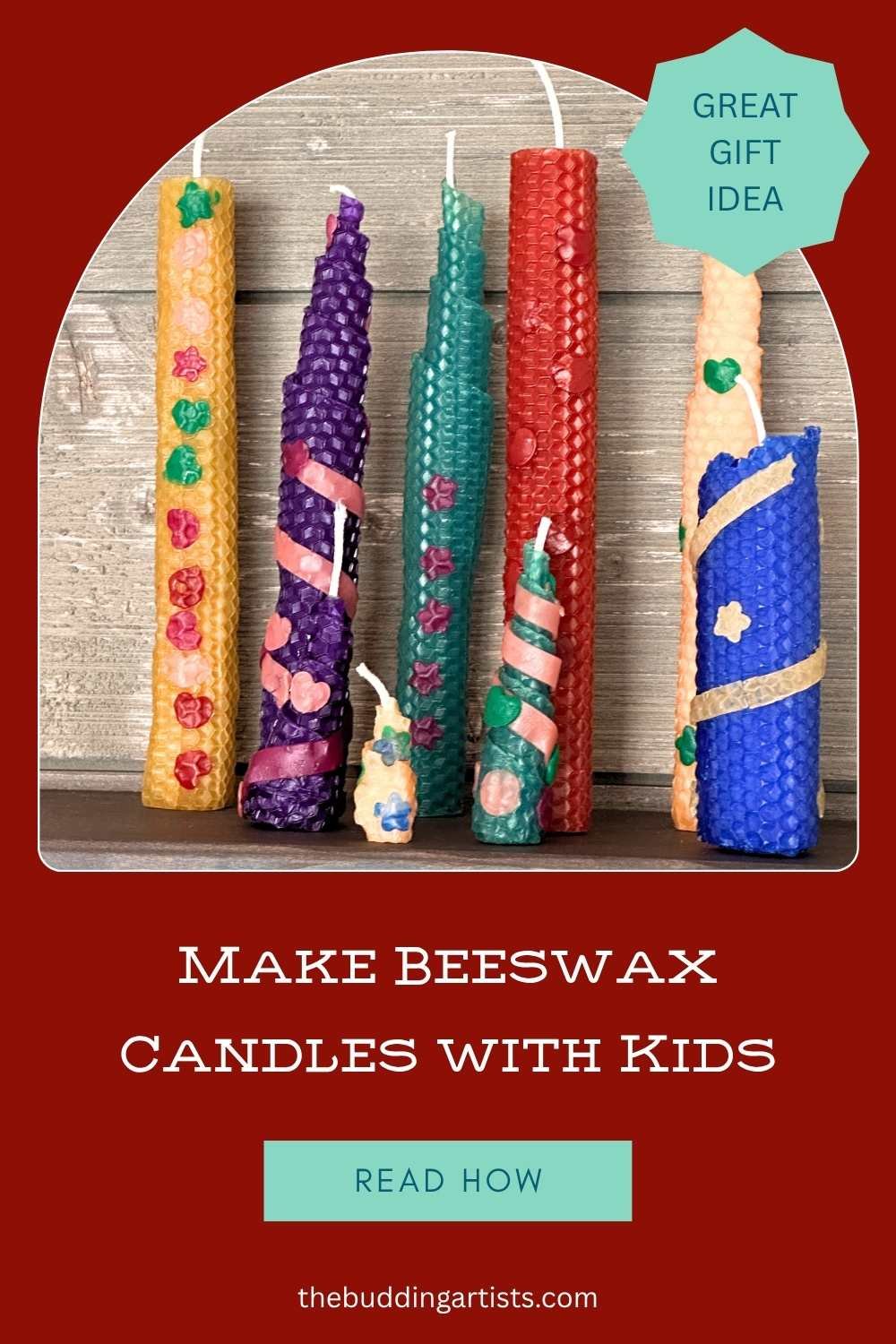 yellow, purple, teal, red, and blue handmade beeswax candles displayed in front of a wooden wall on a burgundy background. Text reads: make beeswax candles with kids. great gift idea