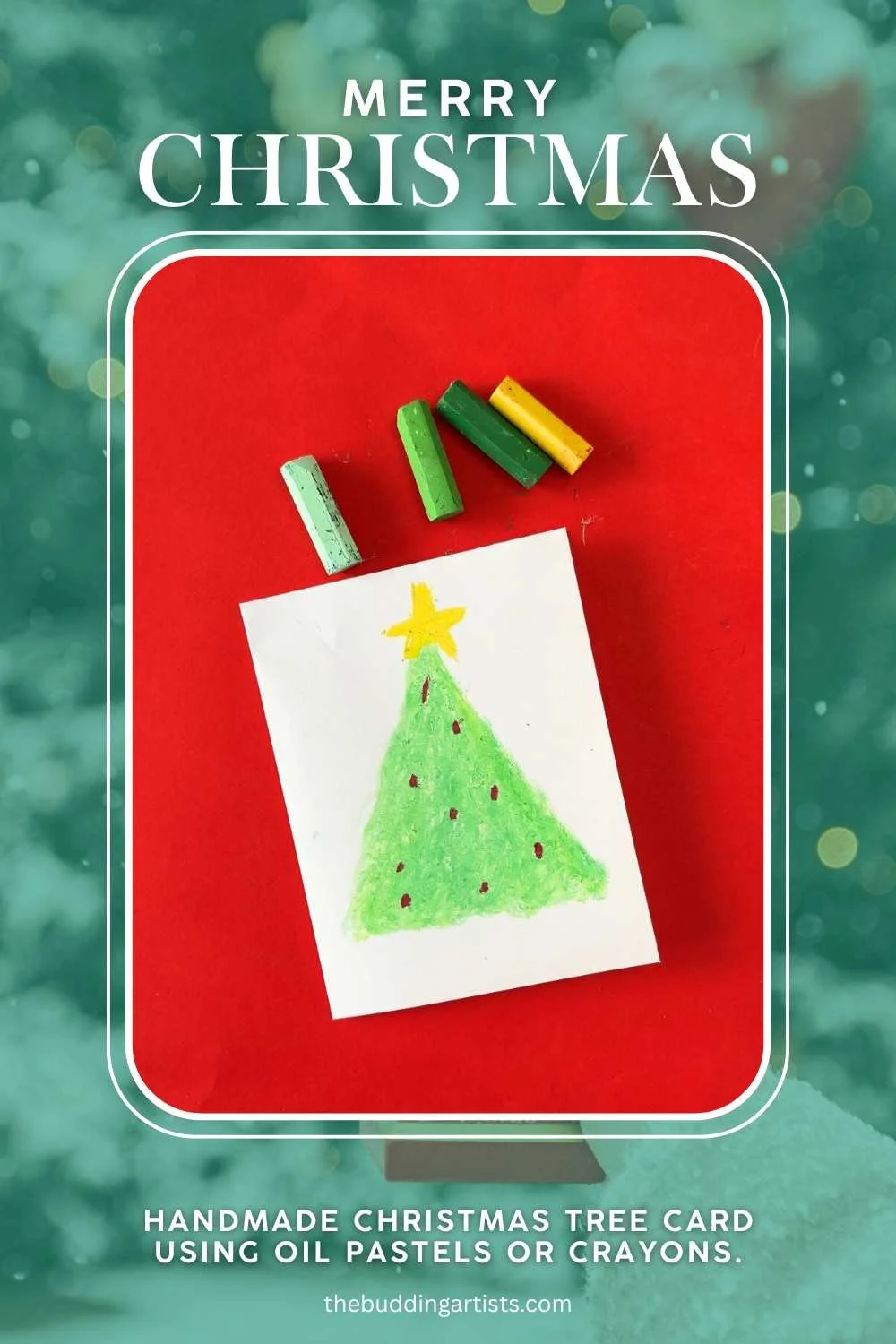 drawing of a christmas tree made with blended oil pastels on a white handmade card. Text reads: Merry Christmas