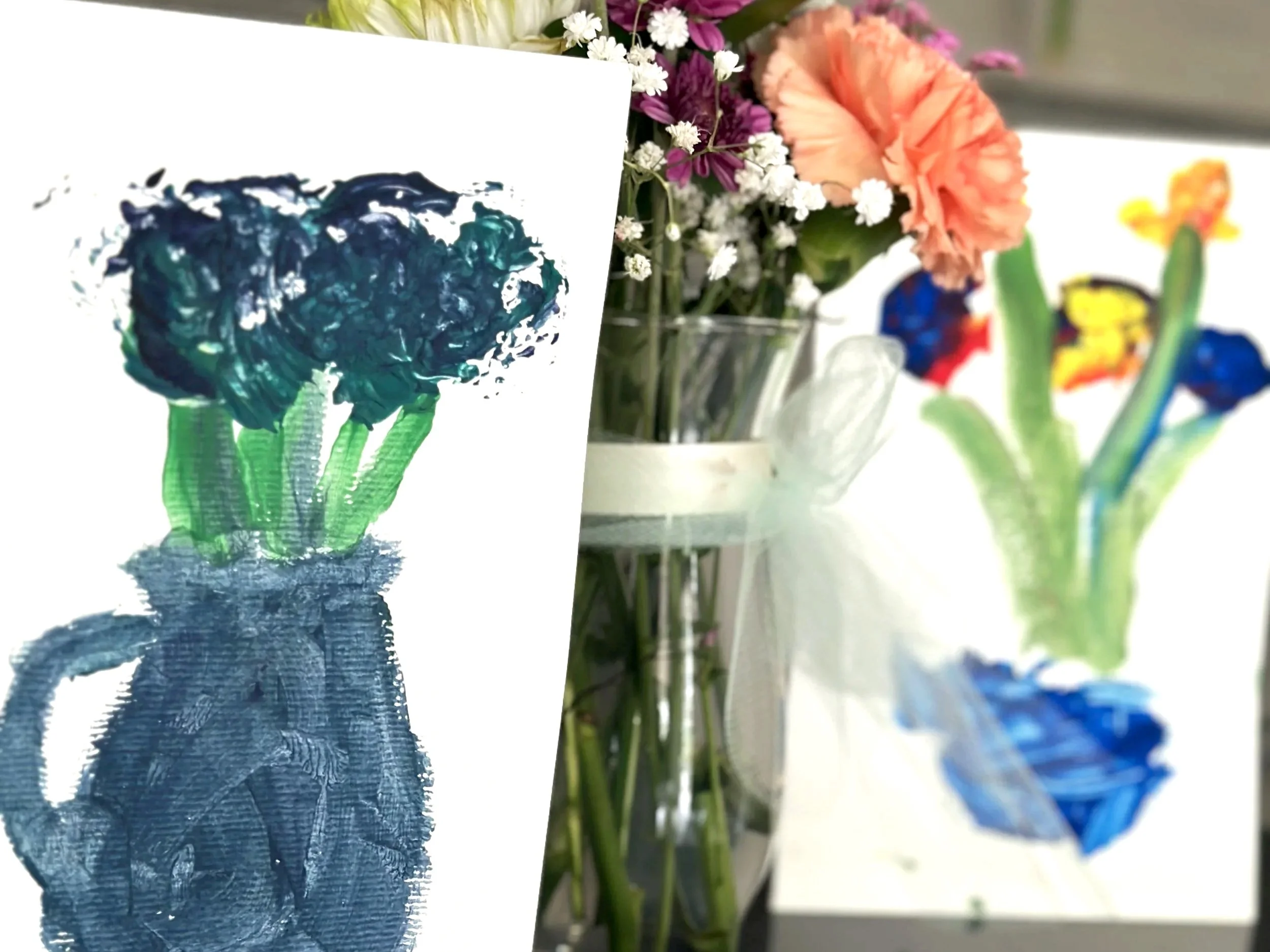 handmade cards made with printable vase download and tempera paint displayed with vase of real flowers