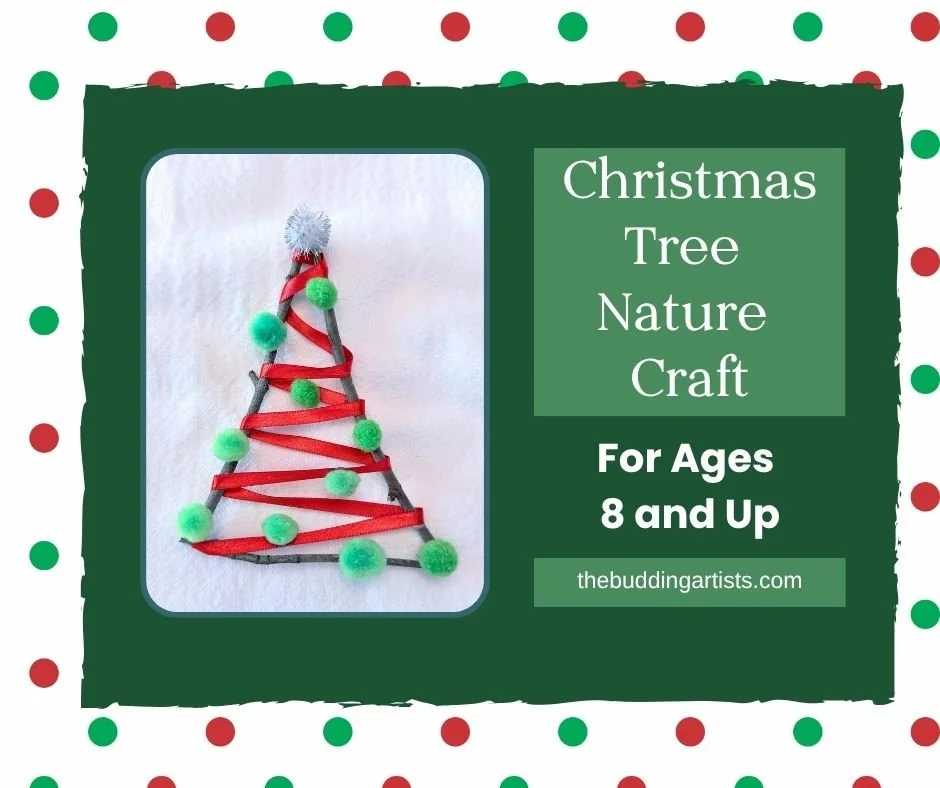 Christmas tree made of glued sticks wrapped in red ribbon and decorated with green pom poms Text reads: Christmas Tree Nature Craft