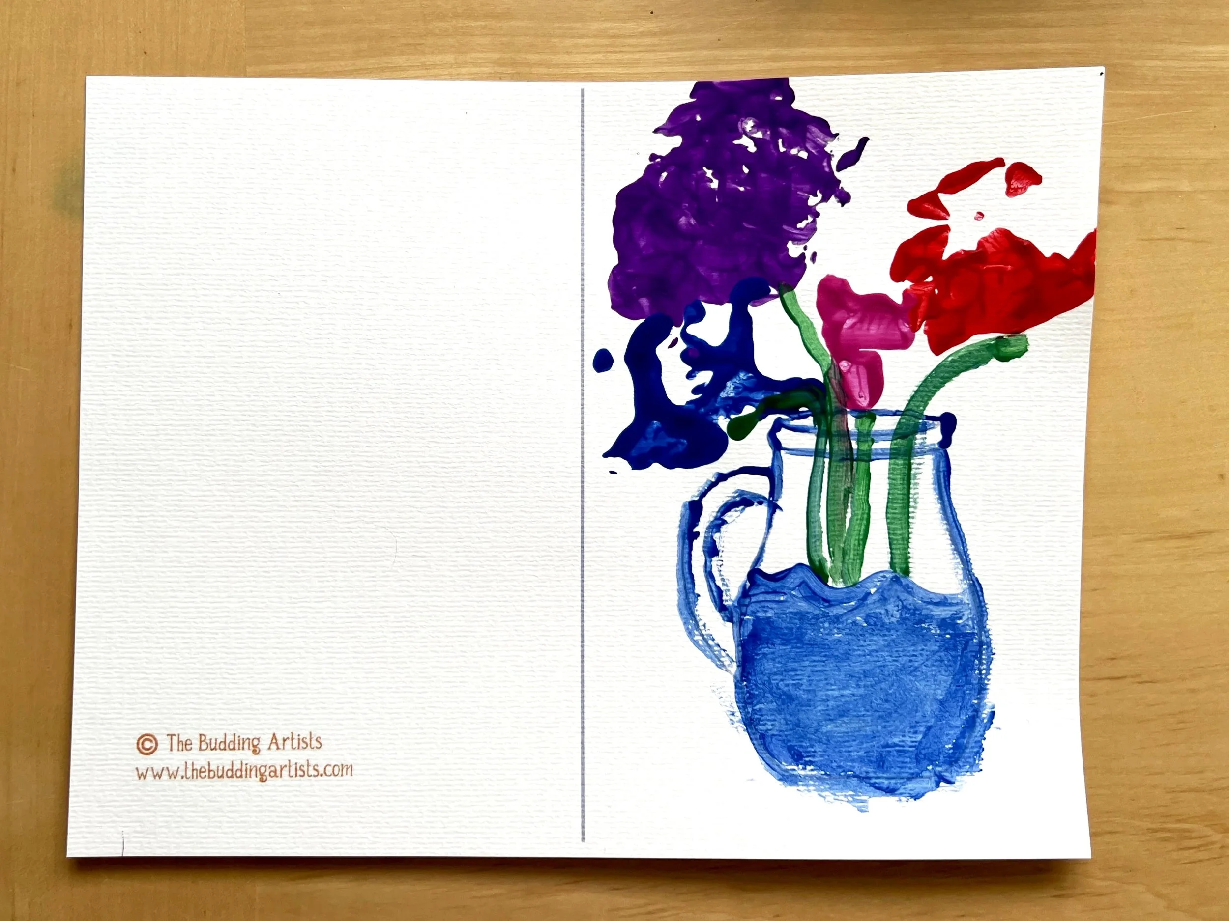 handmade card painting of flowers in a vase using tempera paint and vase printable