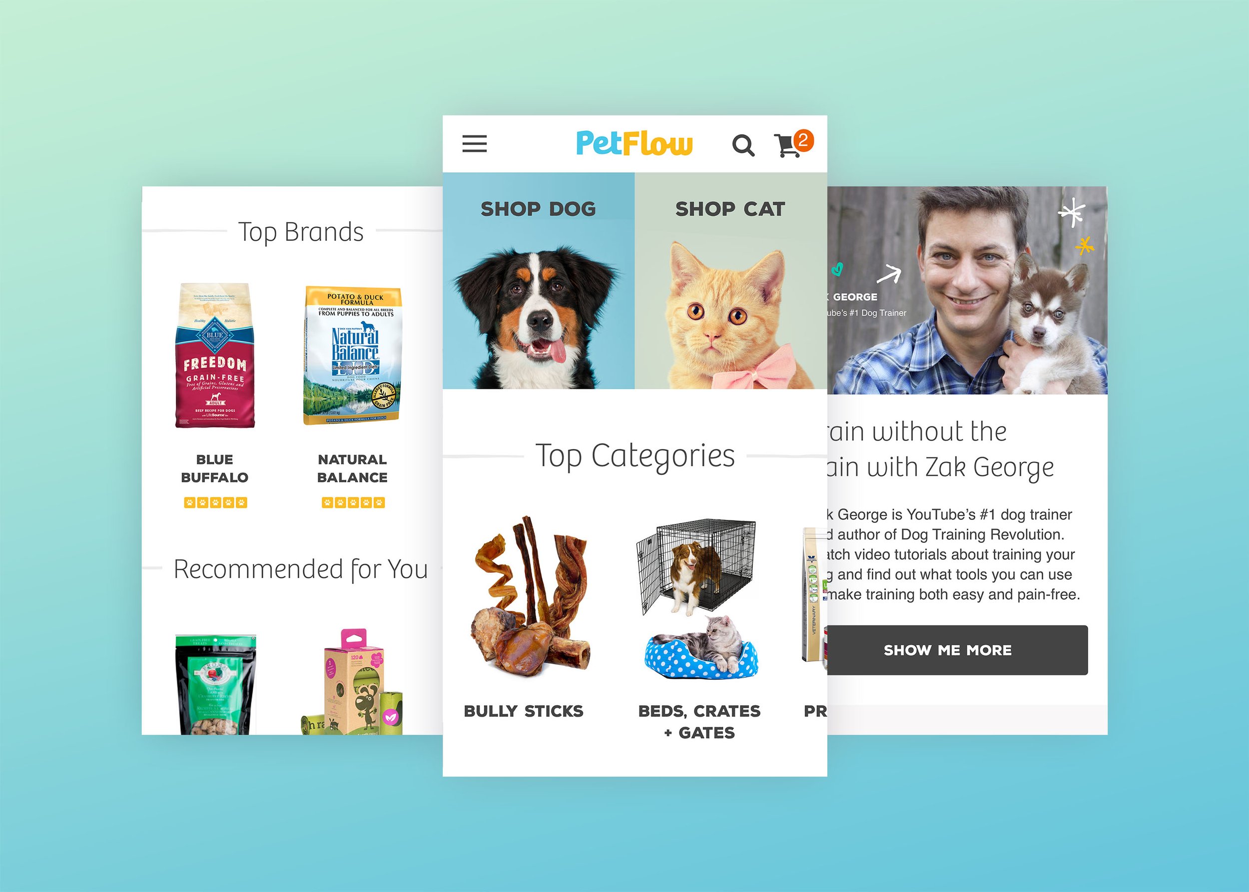Petflow mobile homepage screens