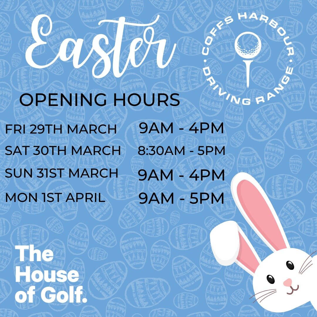 🏌️&zwj;♂️ Swing into Easter Fun at Coffs Harbour Driving Range! 🐰⛳️

📅 Easter Hours:
🌟 Good Friday: 9AM - 4PM
🌟 Easter Sat: 8:30AM - 5PM 
🌟 Sun: 9AM - 4PM
🌟 Easter Monday: 9AM - 5PM

Bring your clubs and join us for some holiday golfing excite