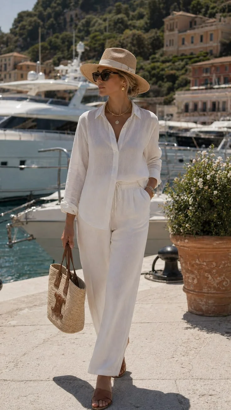 Woman wearing relaxed linen pants and an oversized white shirt styled with simple sandals and gold jewelry.
