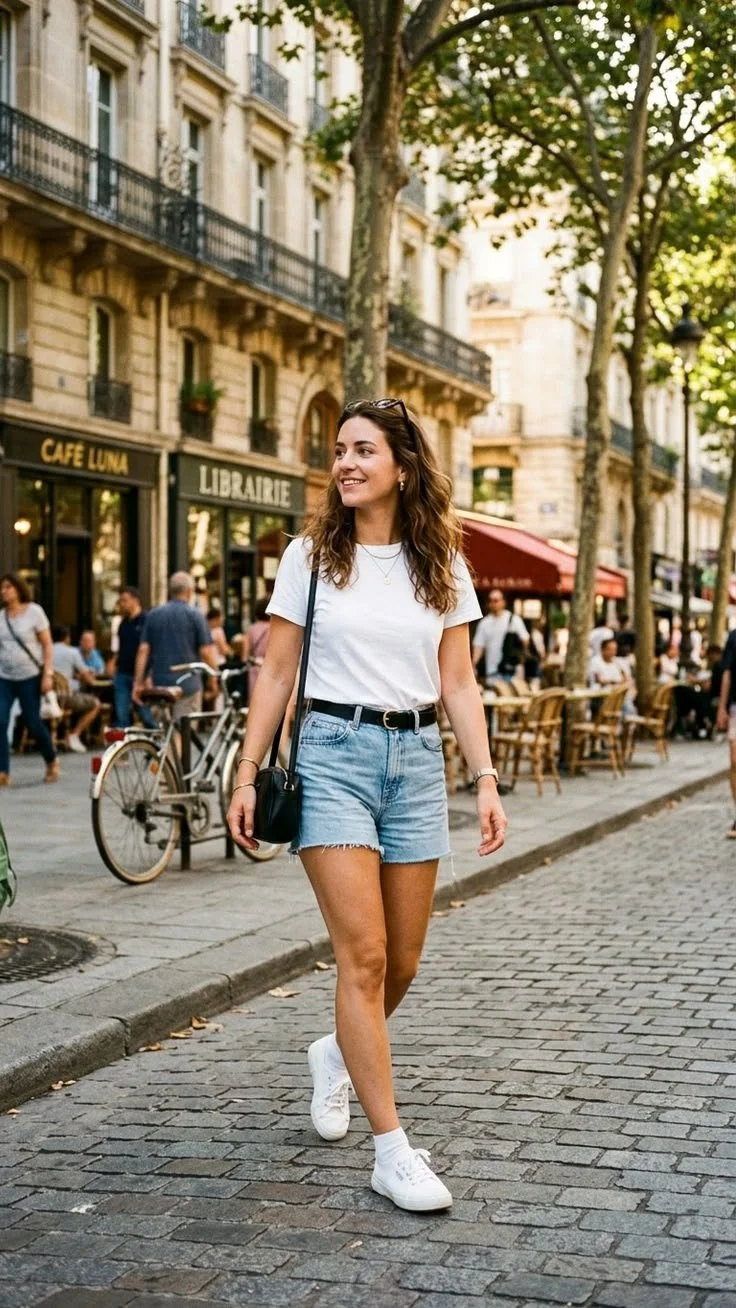 Easy summer outfit featuring a white cotton tee, denim shorts, and a woven handbag for everyday style.