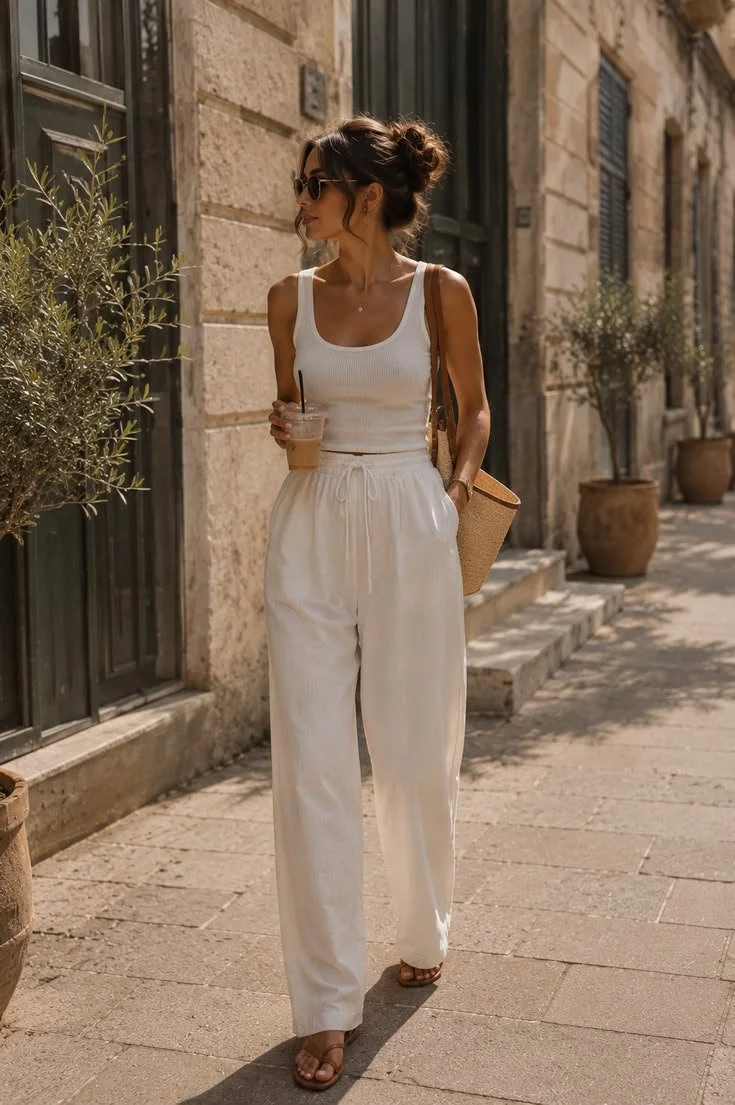 Wide-leg linen pants outfit for women over 40 featuring neutral summer wardrobe staples and effortless style.
