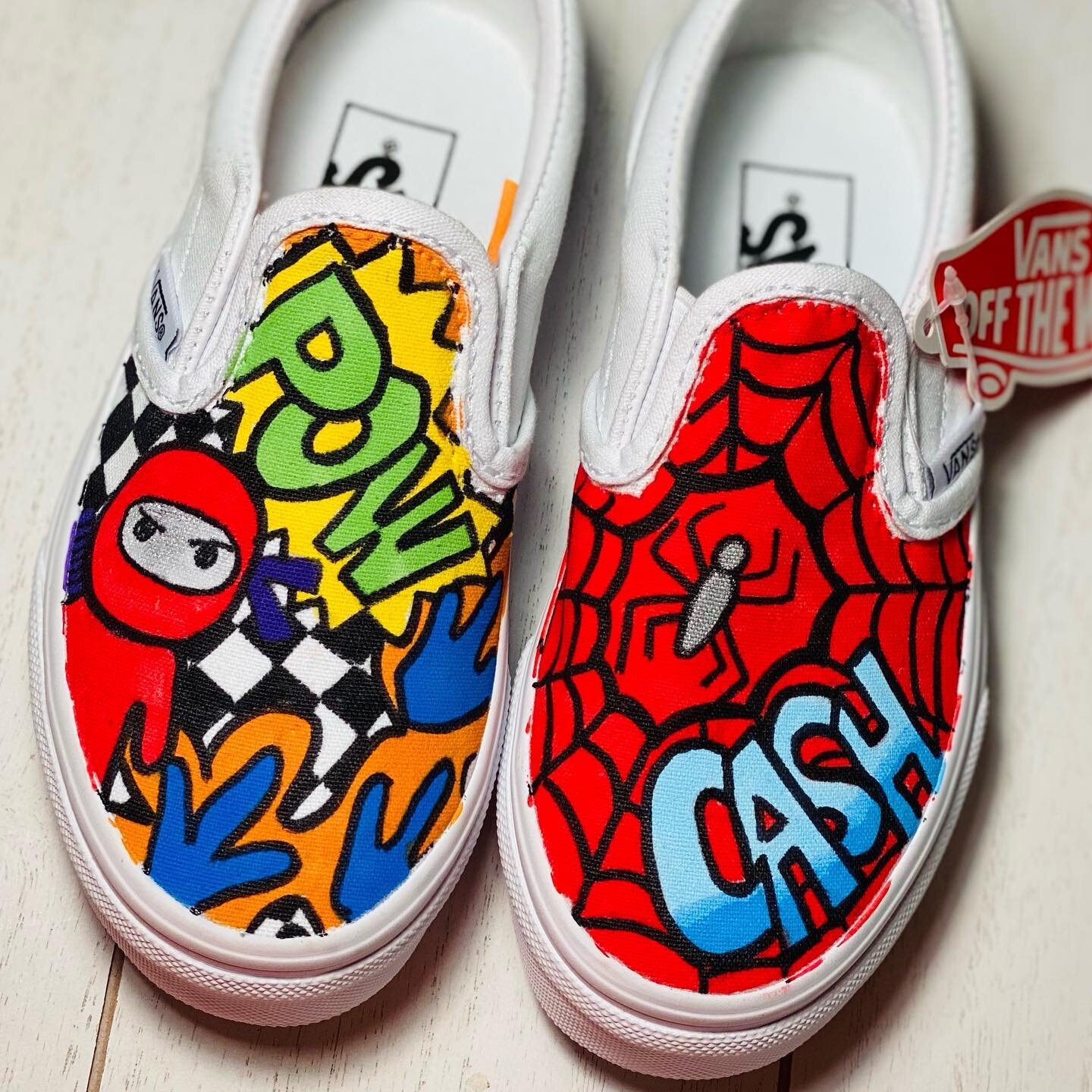 Cashy, these turned out Spidertastic! 🕷 hope these are everything you hoped and more! 🥷 🦖 💥. #customshoes #custom #jordan #shoes #vanstyle #sneakers #customsneakers #customkicks #art #af #sneakerhead #handmade #fashion #s #handmadeshoes #customma