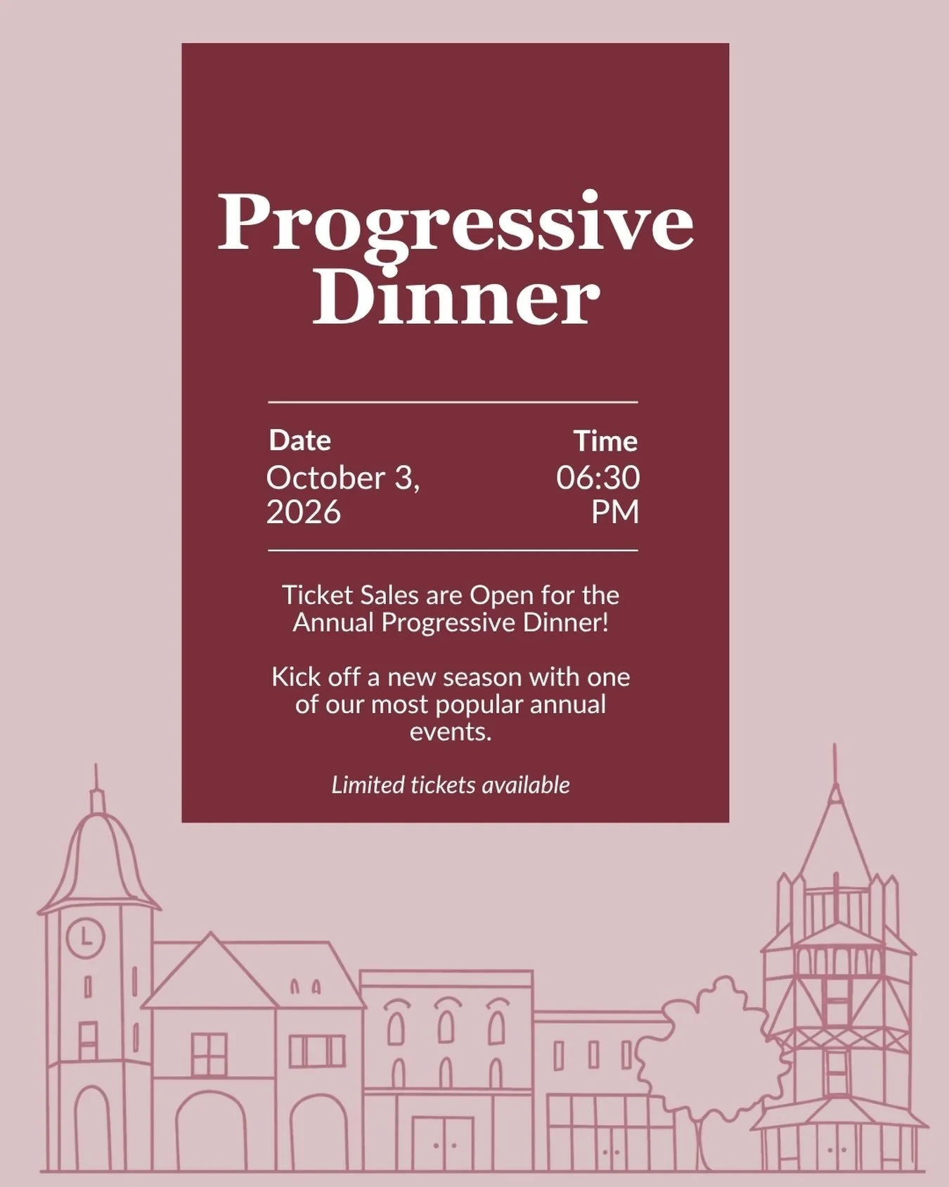 Join us for our annual Fall Progressive Dinner &mdash; a full evening of cocktails, conversation, and community across Ridgewood. We&rsquo;ll all gather first for cocktails and hors d&rsquo;oeuvres, then progress in groups to host homes around town f