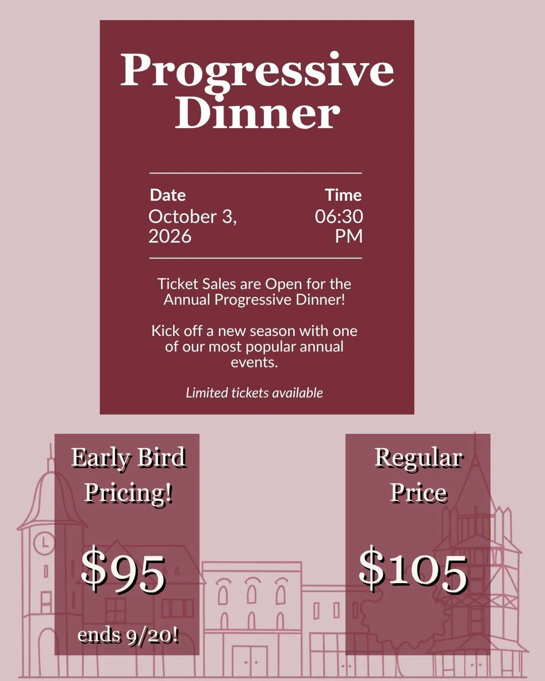 Grab your tickets now for our beloved annual Progressive Dinner! Enjoy Early Bird Pricing until 9/20.

Join your fellow Newcomers for a delightful evening starting with cocktails and appetizers. Choose a host home for a cozy dinner, and we'll all com