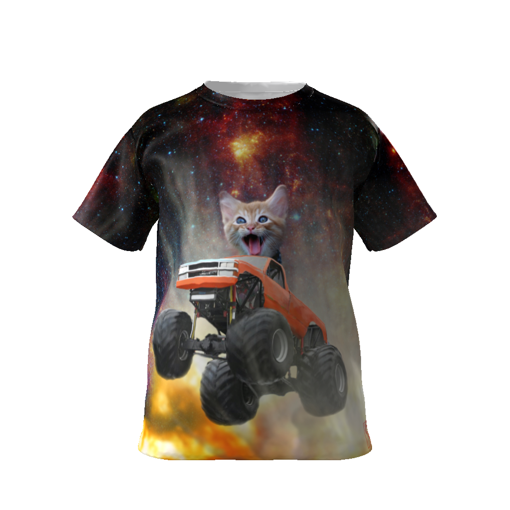 "Kids" Kitten 2 Driving Monster Bug Jumping through Explosion All-Over Print Kids Softstyle T-Shirt