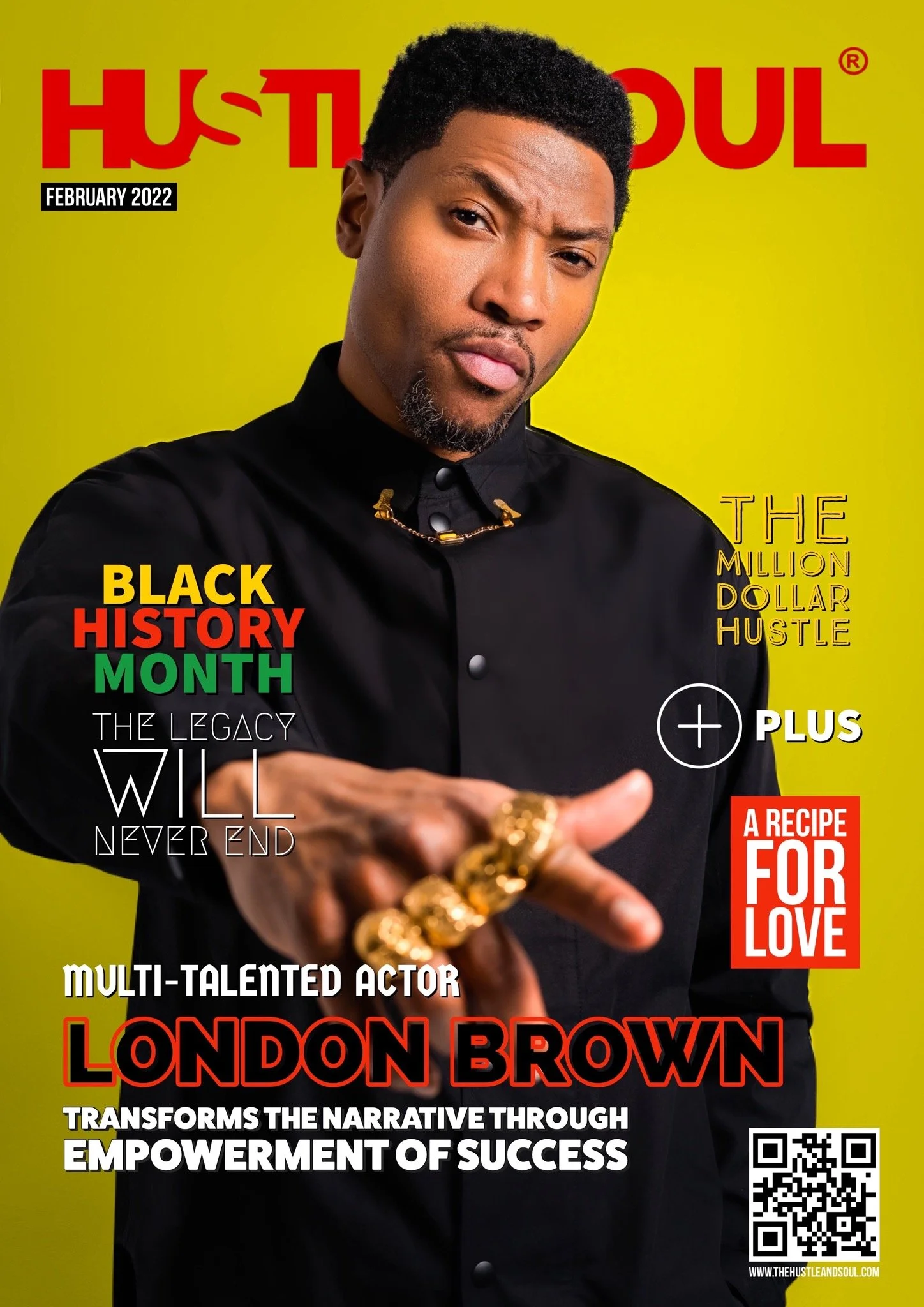 A man with short black hair and a beard wears a black shirt and gold jewelry on a bright yellow background. The cover features bold red, green, white, and yellow text highlighting Black History Month and London Brown, a multi-talented actor, with add