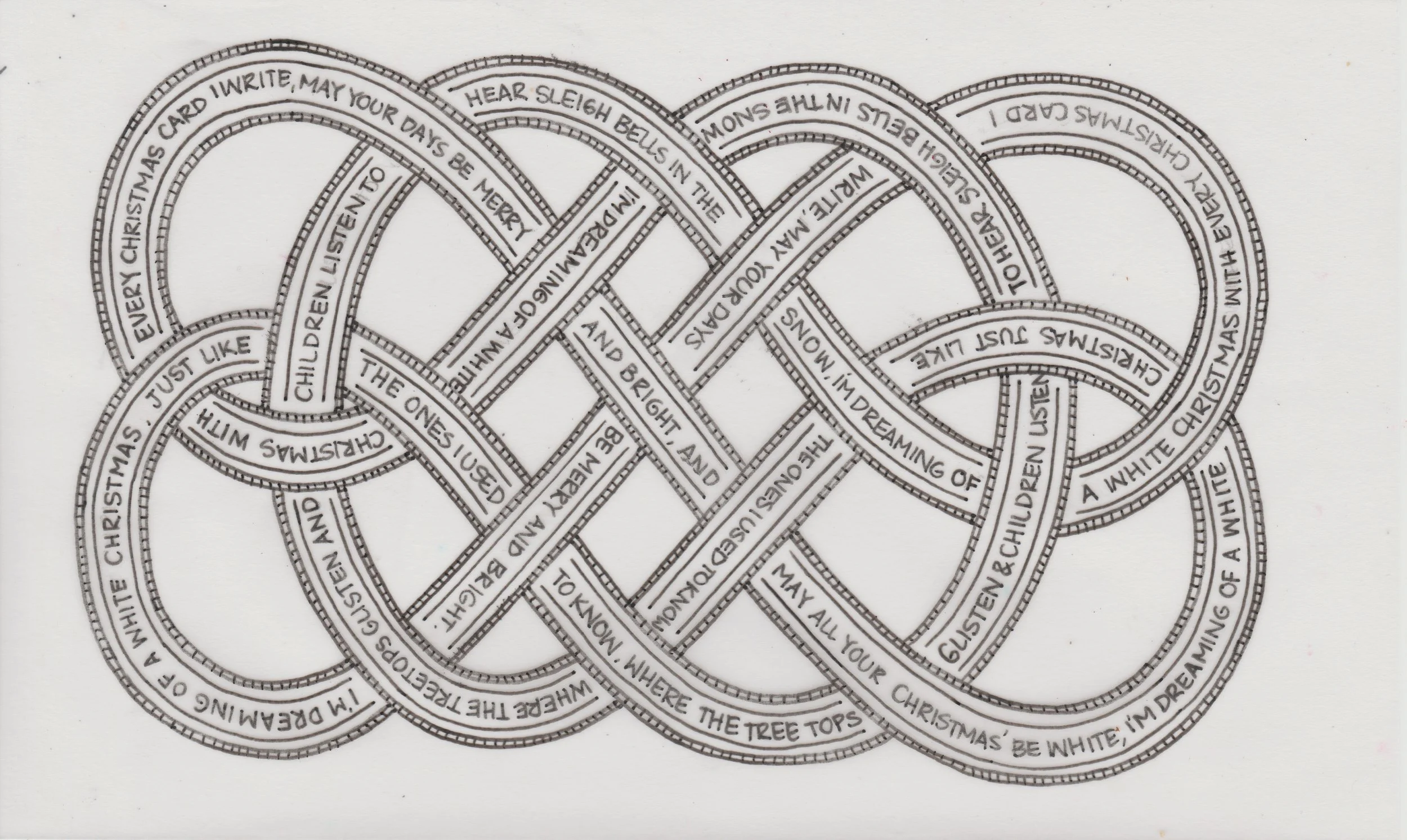A black and white coloring page with a maze made of Christmas-themed riddles and phrases arranged in loops.