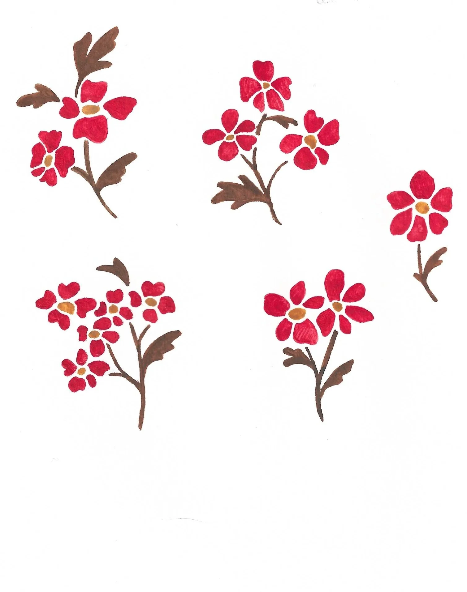 Collection of five watercolor floral illustrations with red petals, yellow centers, and brown stems and leaves on a white background.