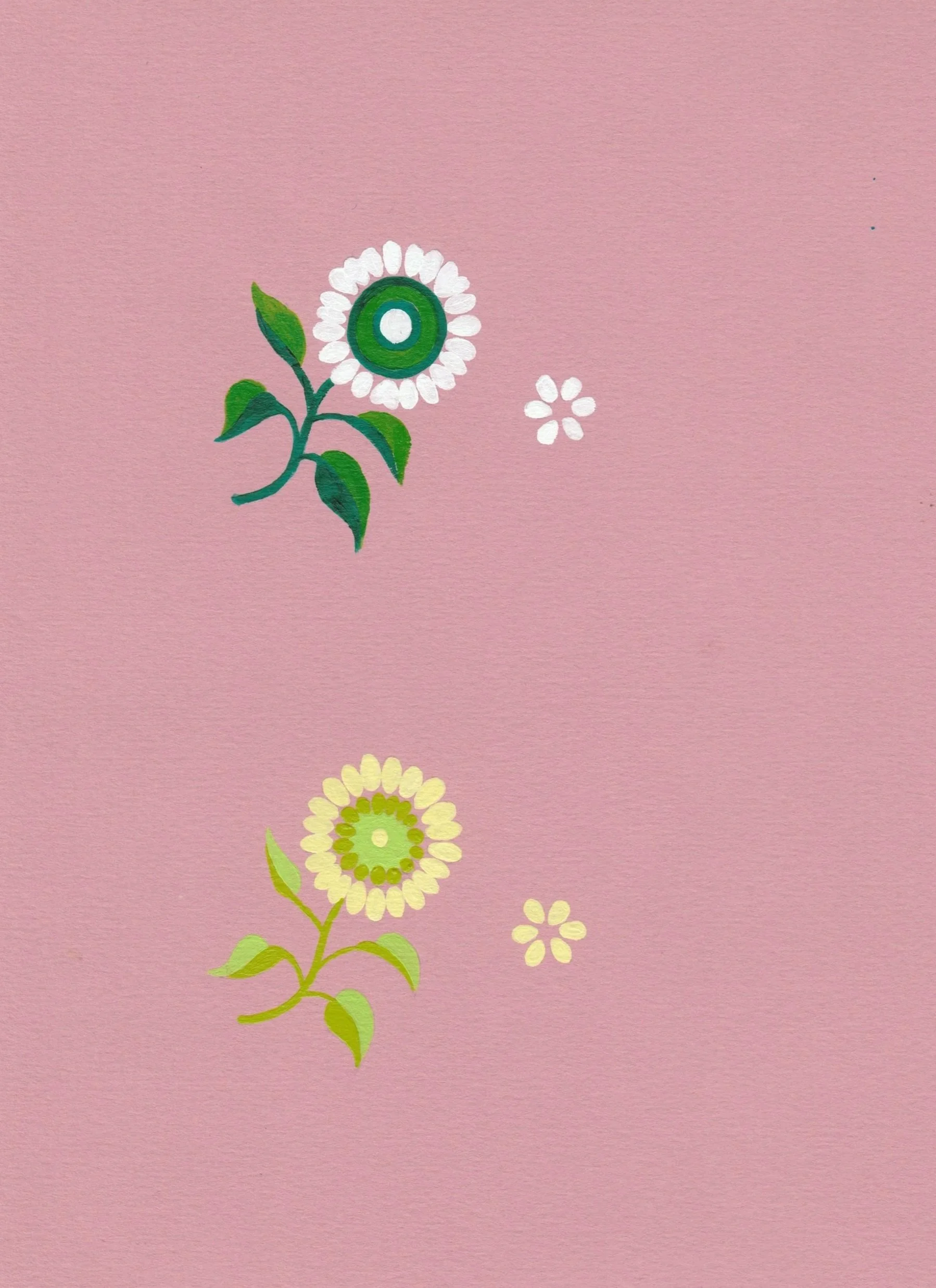 Two stylized floral designs against a pink background, each with green and yellow flowers, leaves, and small white and yellow accents.
