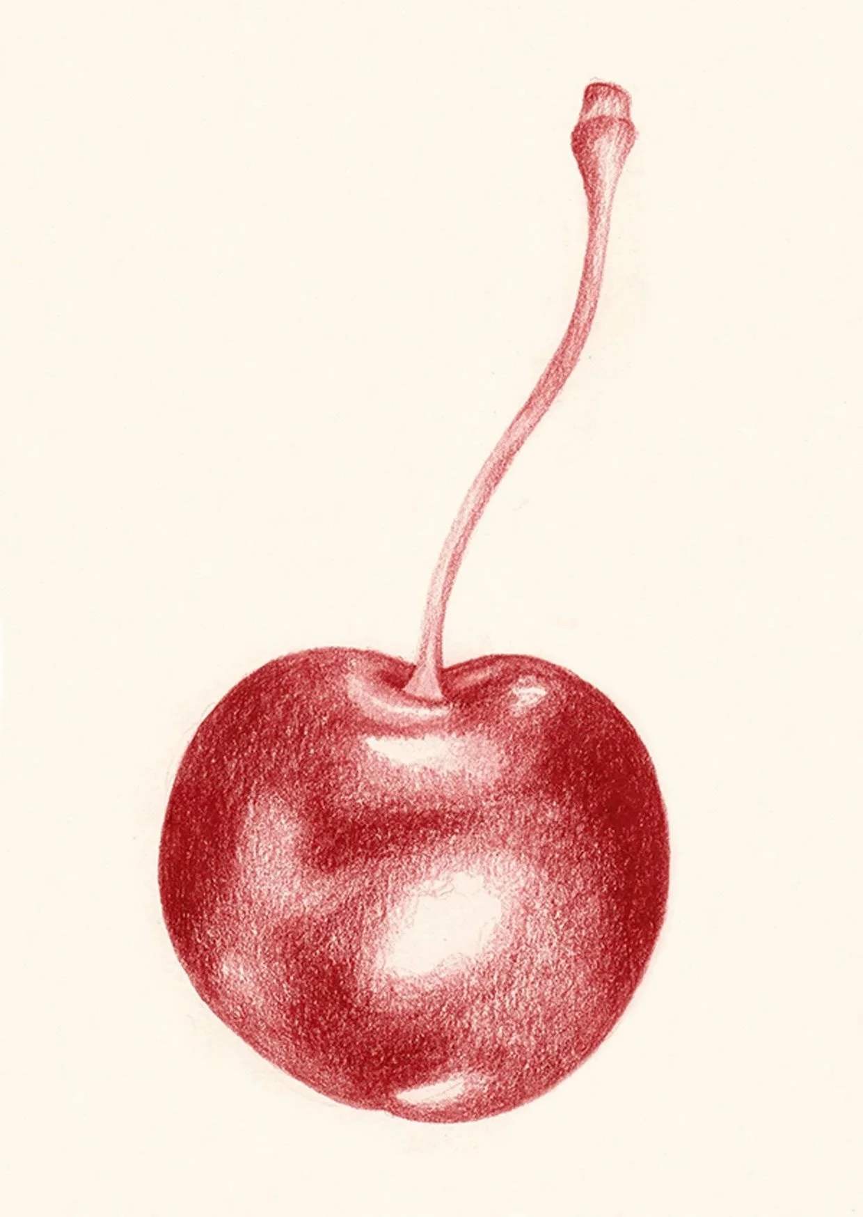 A red cherry with a long, curved stem on a plain, off-white background.