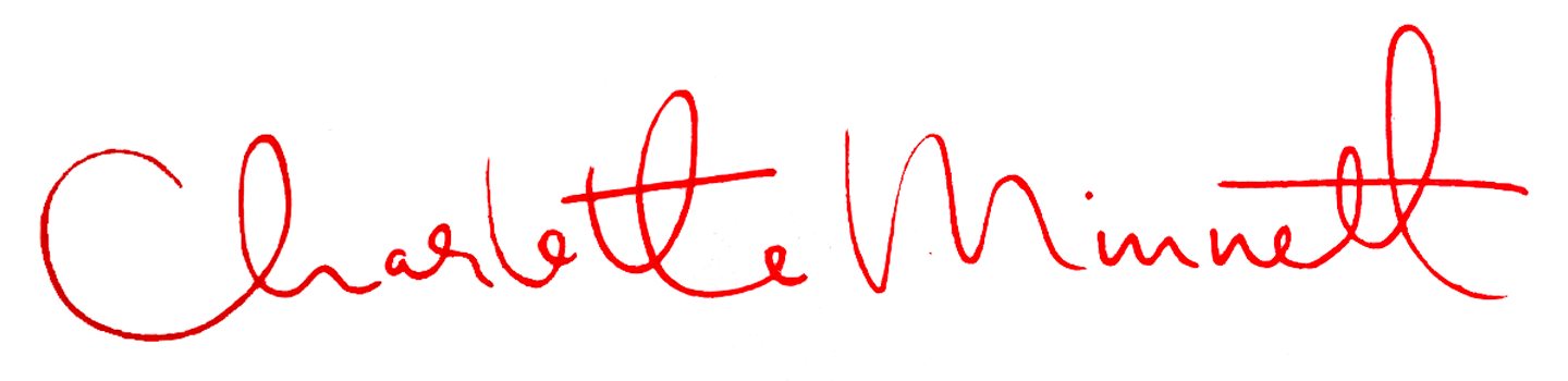 The image features a red handwritten signature of Charlotte Minett on a transparent background.