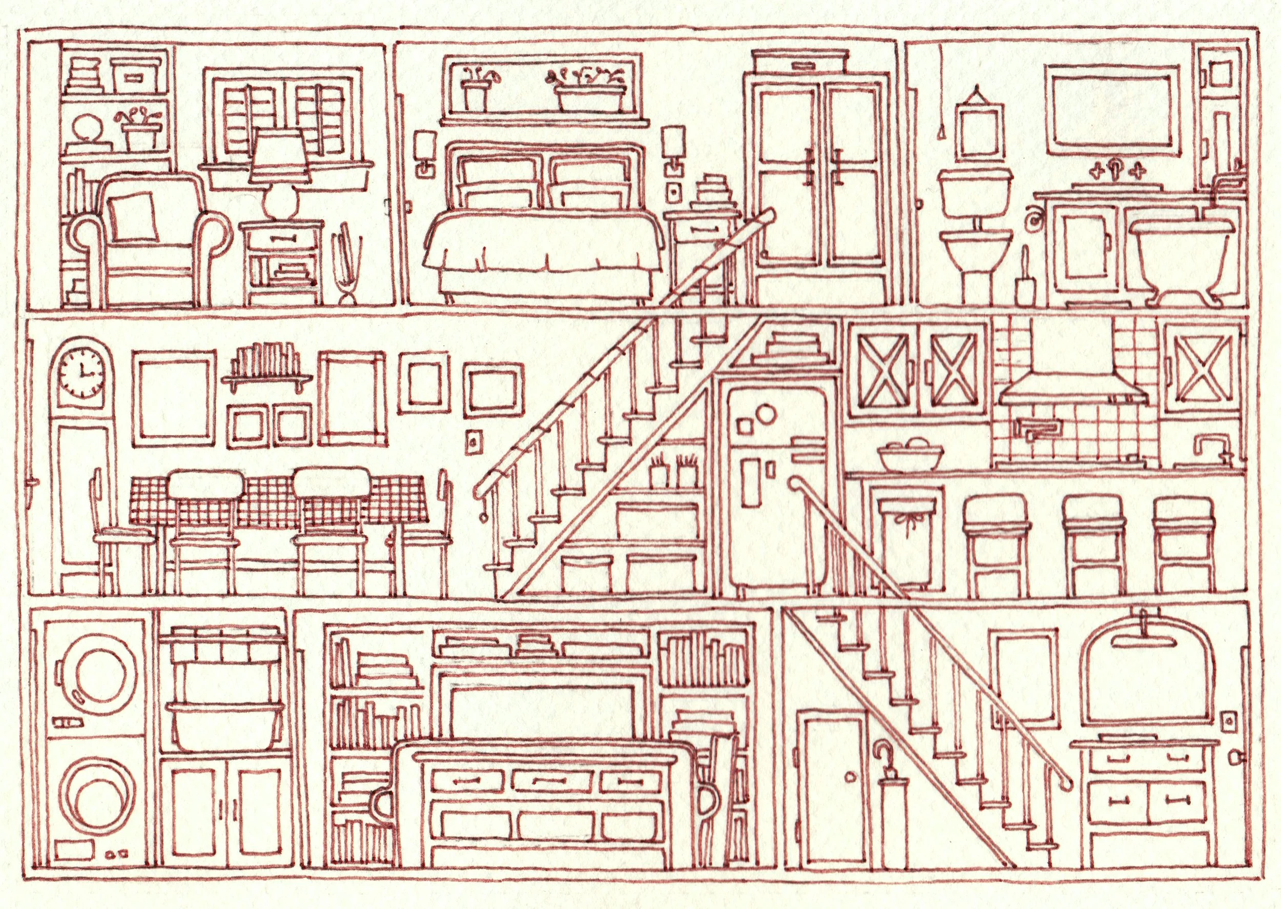 Line drawing of a cross-section of a three-story house showing various rooms, including a bedroom with a bed, lamps, and plants on the top floor; a kitchen with a stove, sink, and cabinets, and a staircase in the middle; and a laundry room with washi