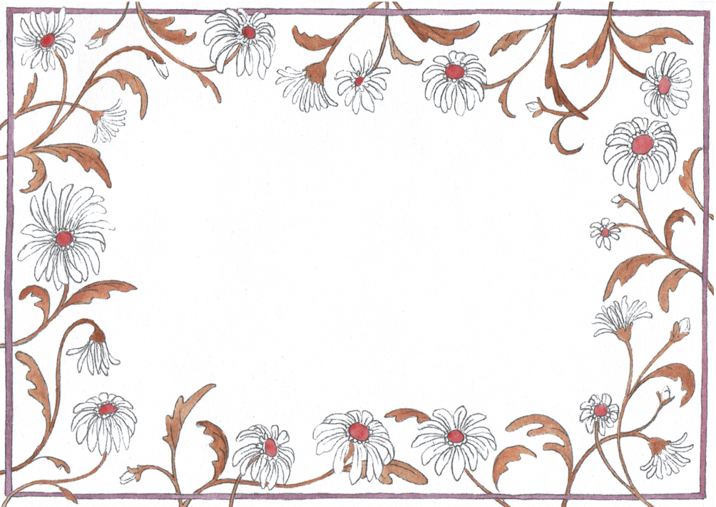 A decorative border with white daisy-like flowers with red centers and brown stems and leaves, arranged along the edges of a blank rectangular space.