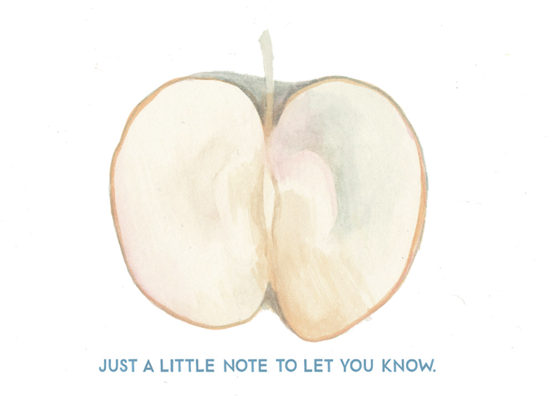 A watercolor painting of a sliced apple with a message that reads, "Just a little note to let you know."