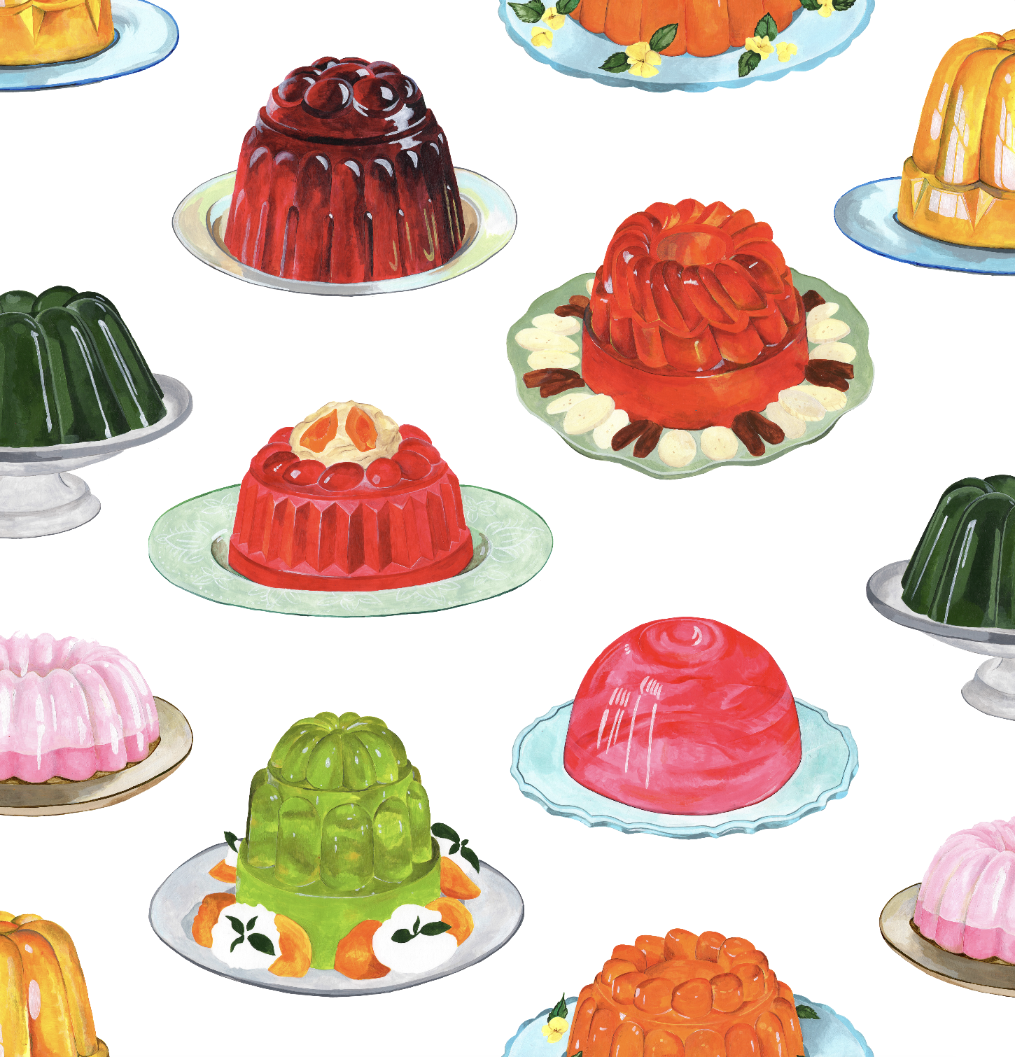Pattern of colorful gelatin desserts on plates, featuring various shapes and colors, including red, green, pink, and orange, decorated with fruit and garnishes.