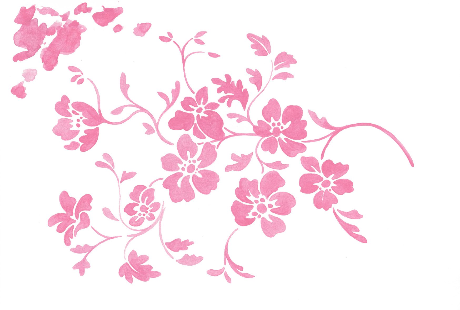 Pink floral pattern with flowers and leaves on a white background.