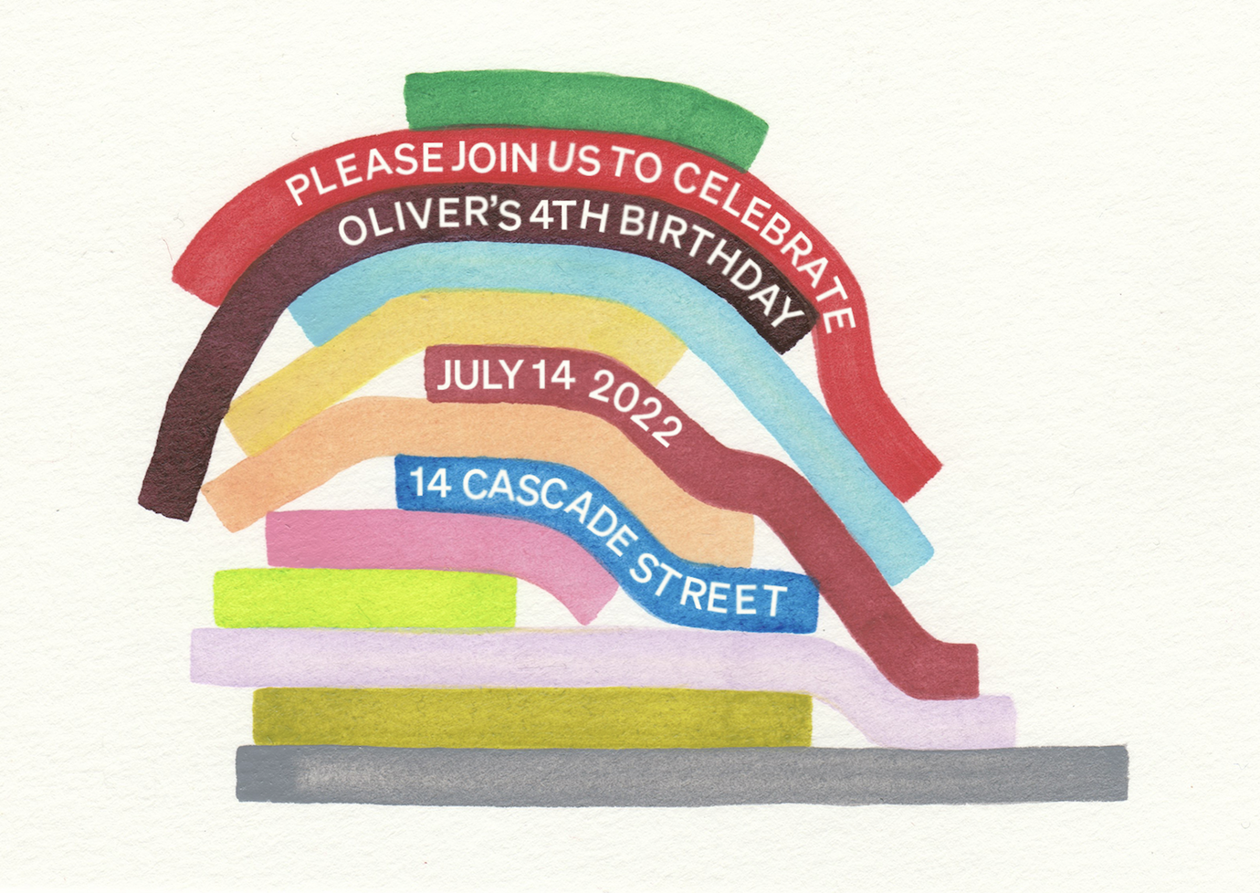 Colorful watercolor invitation featuring multiple layered arcs with event details for Oliver's 4th birthday celebration on July 14, 2022, at 14 Cascade Street, with a green, red, black, yellow, peach, pink, blue, purple, yellow, and gray color scheme