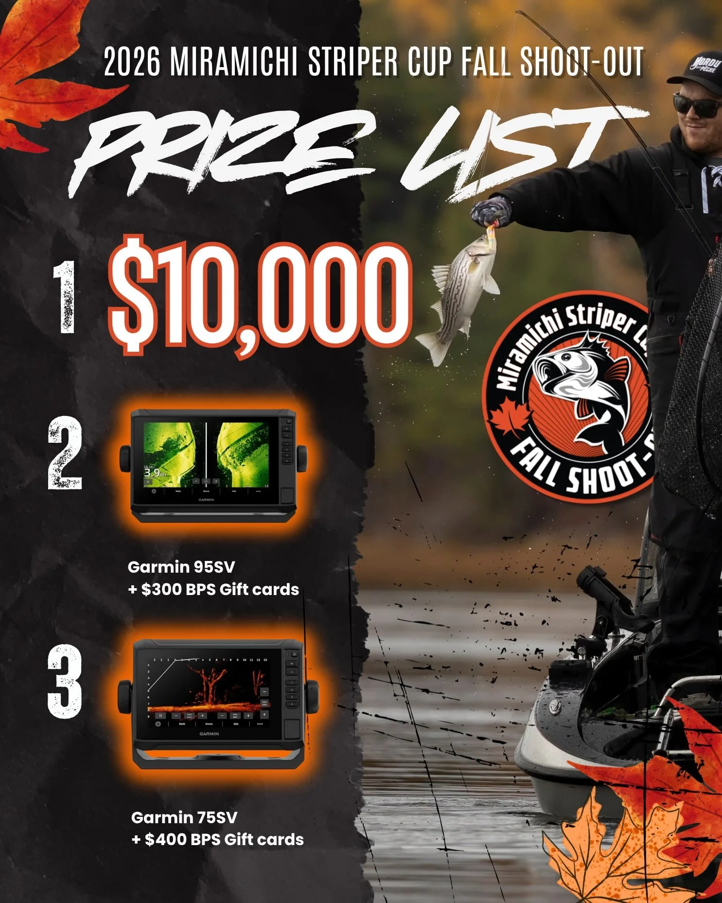 There's Plenty on the Line This Fall!

The countdown is on for the 2026 Miramichi Striper Cup Fall Shoot-Out, and with an incredible lineup of prizes and draws, there's even more to look forward to this October!

- $10,000 CASH for 1st place
- Garmin