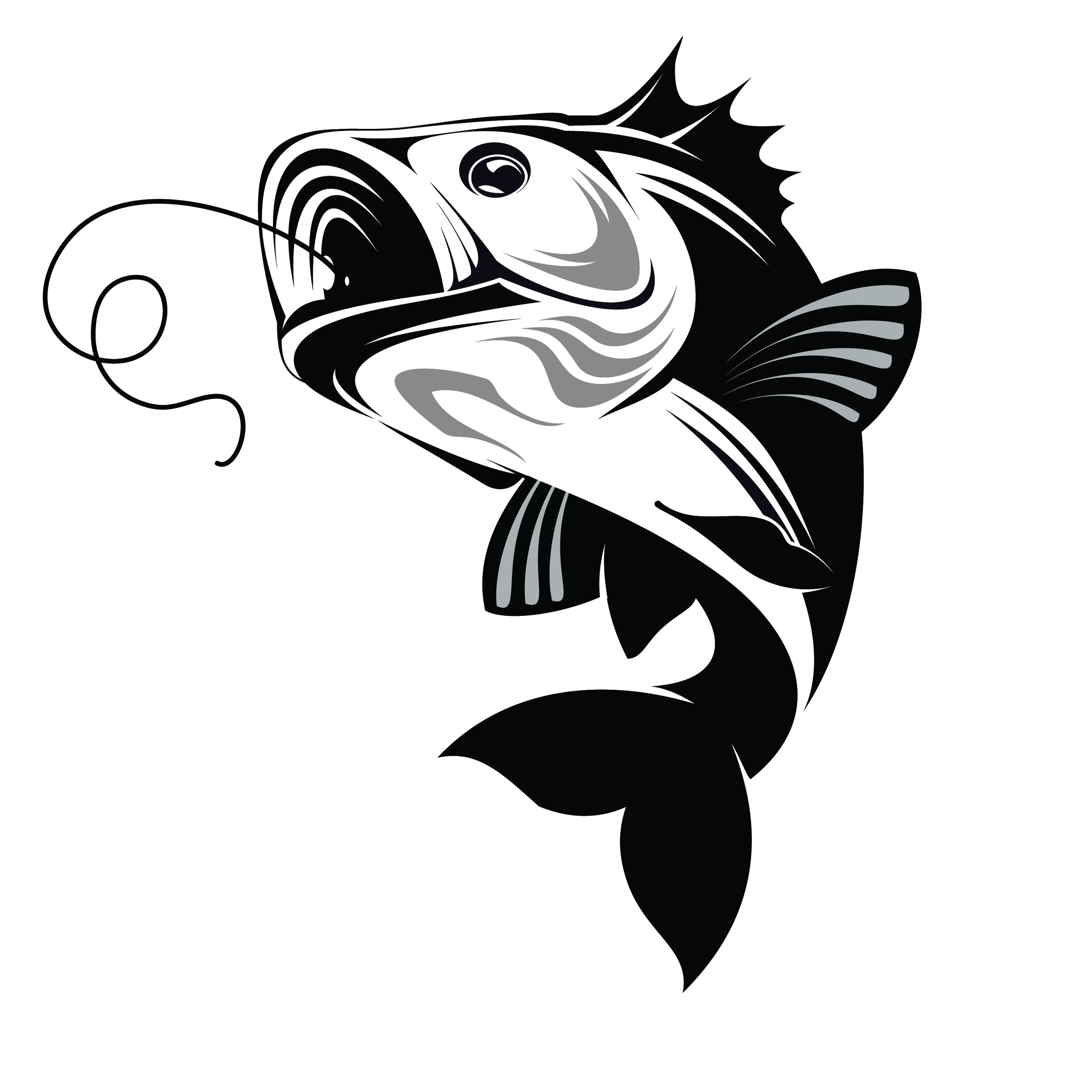 Black and white illustration of a fish with a fishing hook in its mouth.