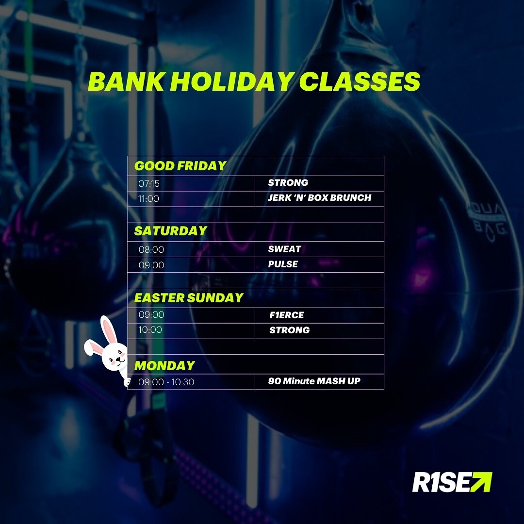 BANK HOLIDAY EASTER TIMETABLE! 🐰🐣🍫

Join us next weekend for our Easter Bank Holiday Arena classes, we&rsquo;ve got our first ever Nattys X R1SE brunch plus a naughty 90 minute mash up! 🤪🔥

FRIDAY 🐣

7.15am Strong - Sando
11am JERK n BOX Brunch
