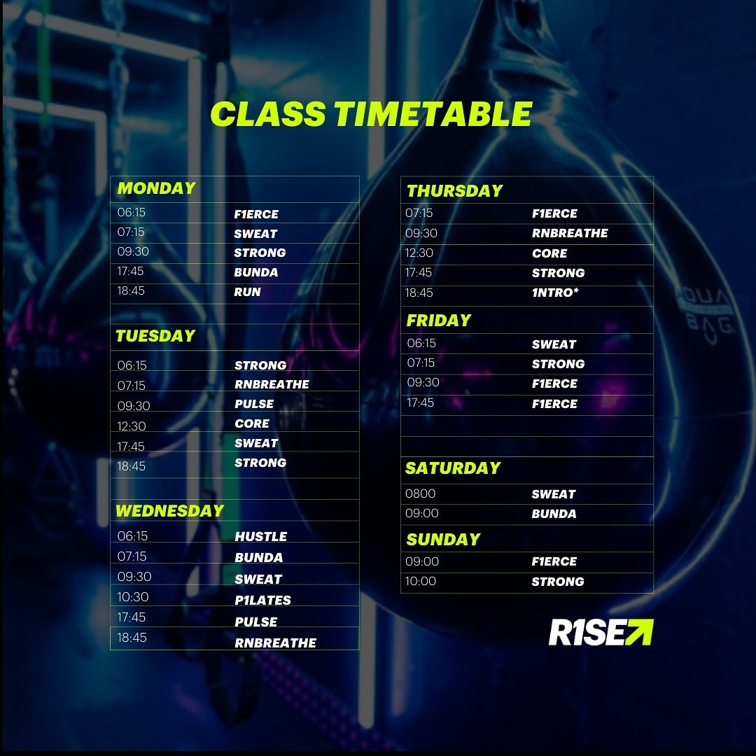 MAY ARENA CLASS TIMETABLE 👀💪🏼🔥

Yes gang!! Check out our brand new Arena timetable launching Wednesday 1st May with your favourite R1SE Trainers! 😍🙌🏼

We&rsquo;ve made a few tweaks to our current timetable + we would also like to introduce TWO